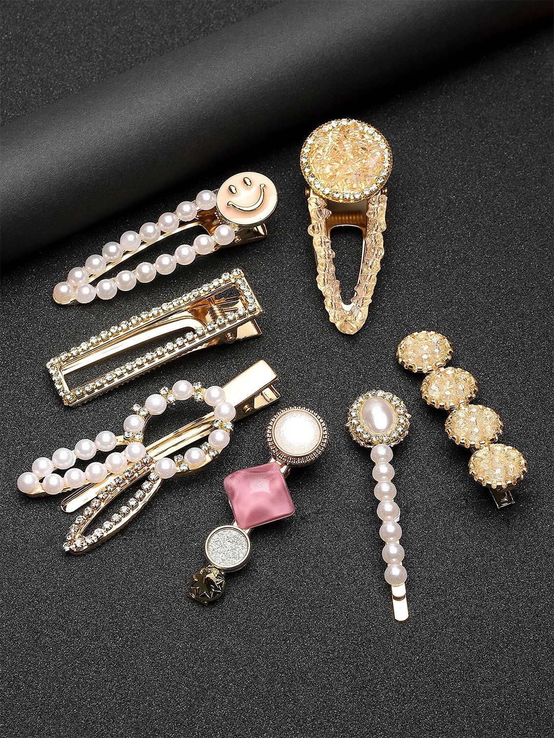 

Bohey by KARATCART Set of 7 Embellished Alligator Hair Clips, White