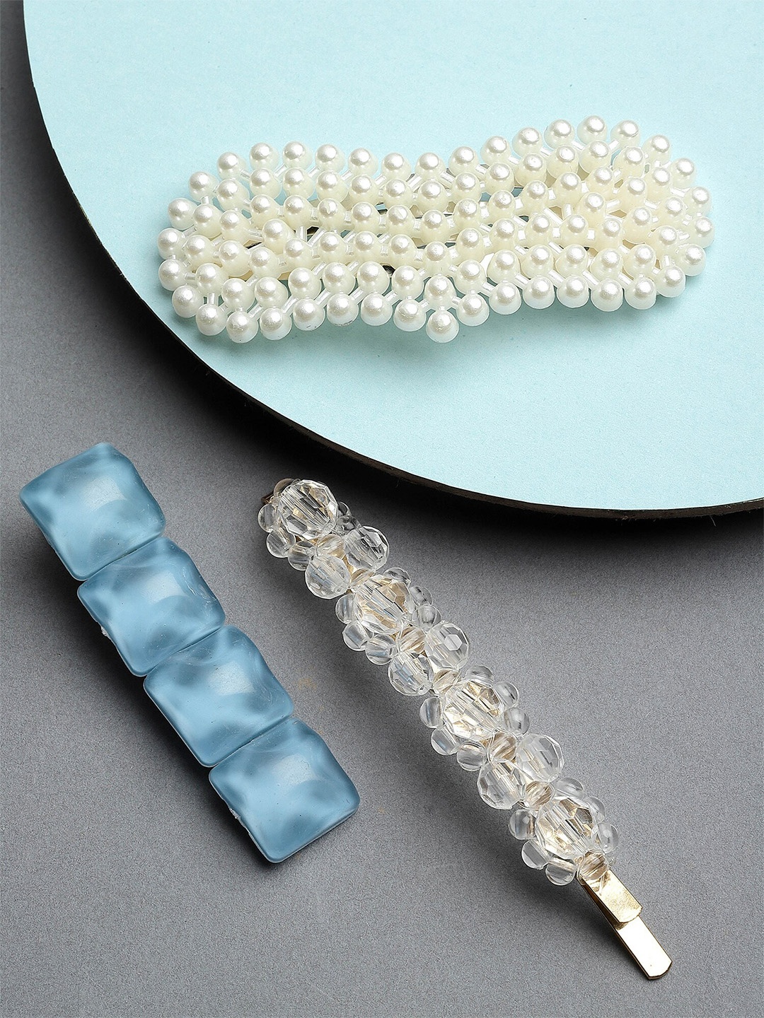 

Bohey by KARATCART Women Set of 3 Pearl Beaded Alligator Hair Clip, Blue