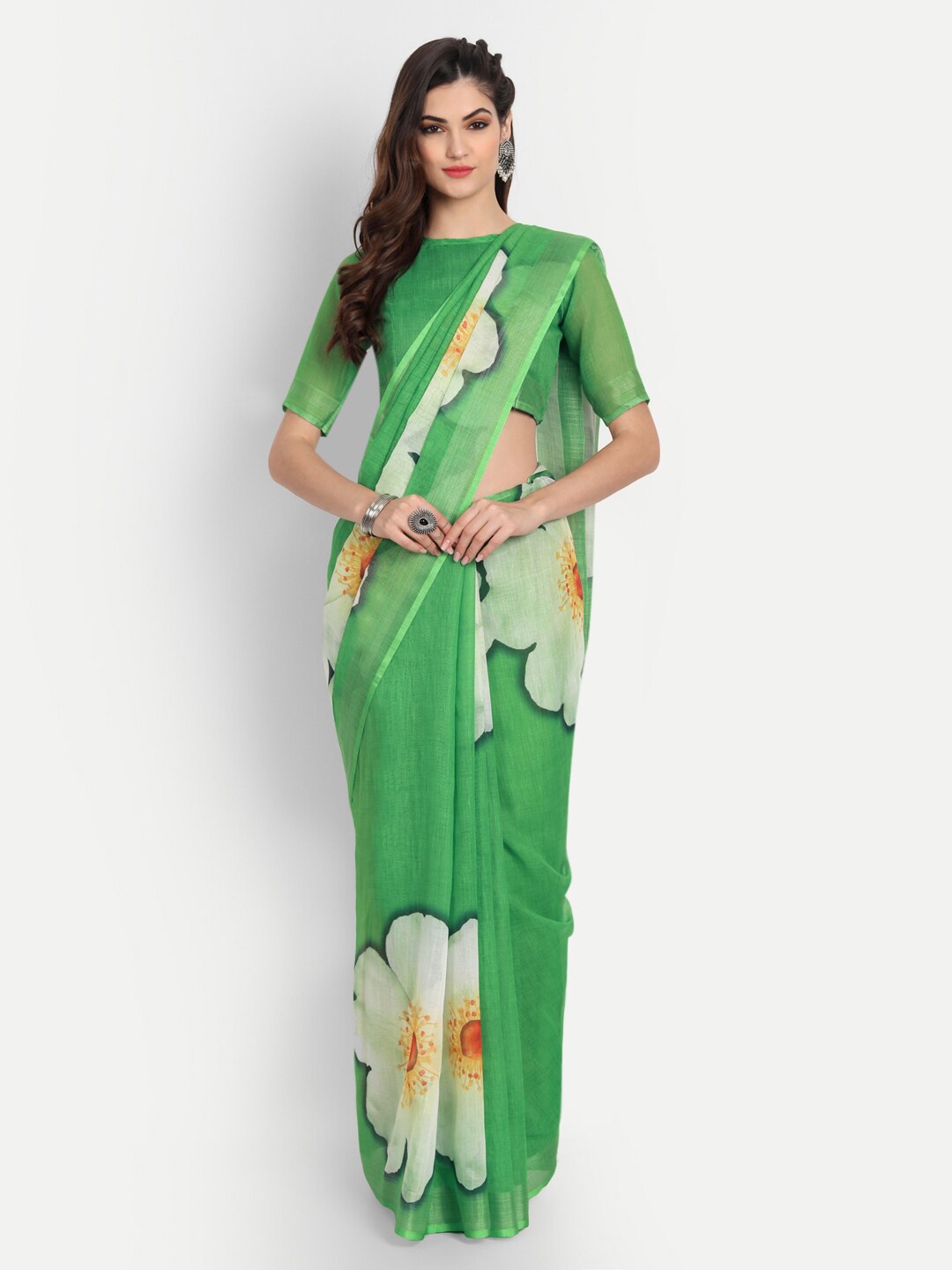 

MotiHamir Floral Printed Zari Pure Linen Saree, Green