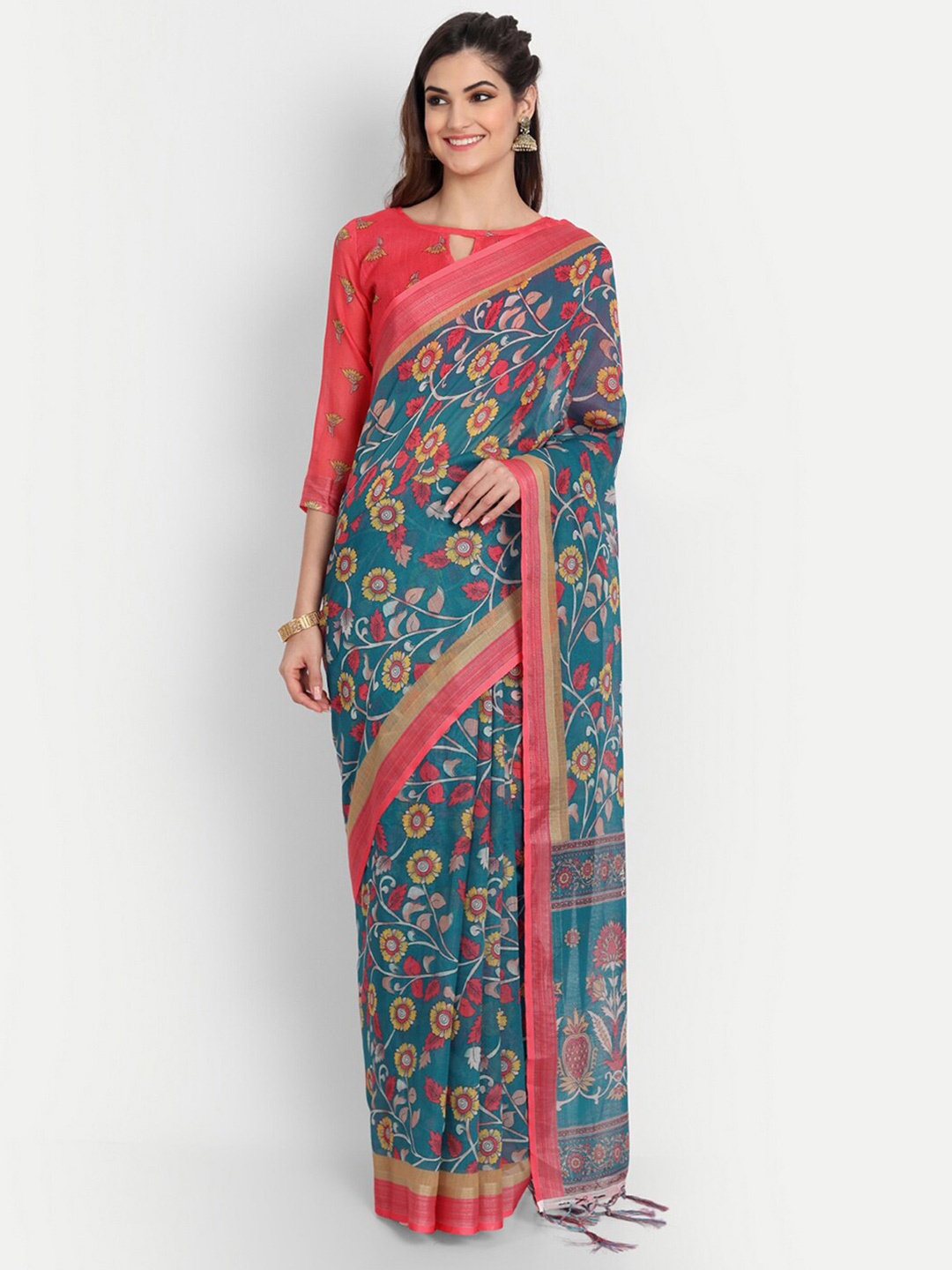 

MotiHamir Kalamkari Zari Pure Linen Saree, Teal