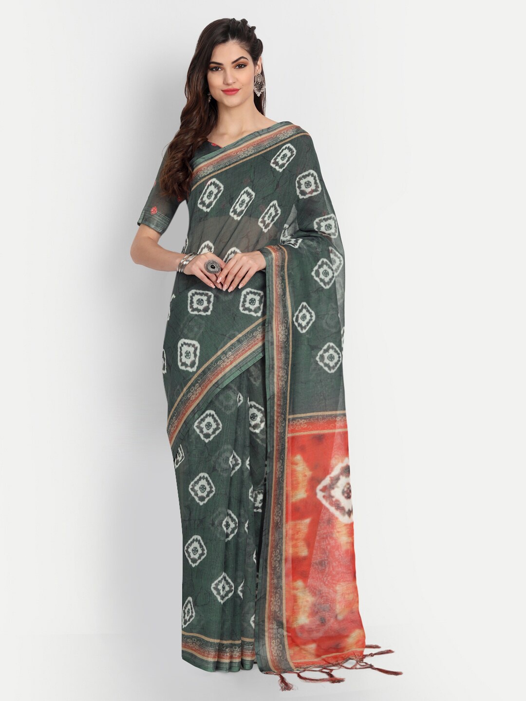 

MotiHamir Bandhani Printed Zari Pure Linen Saree, Olive