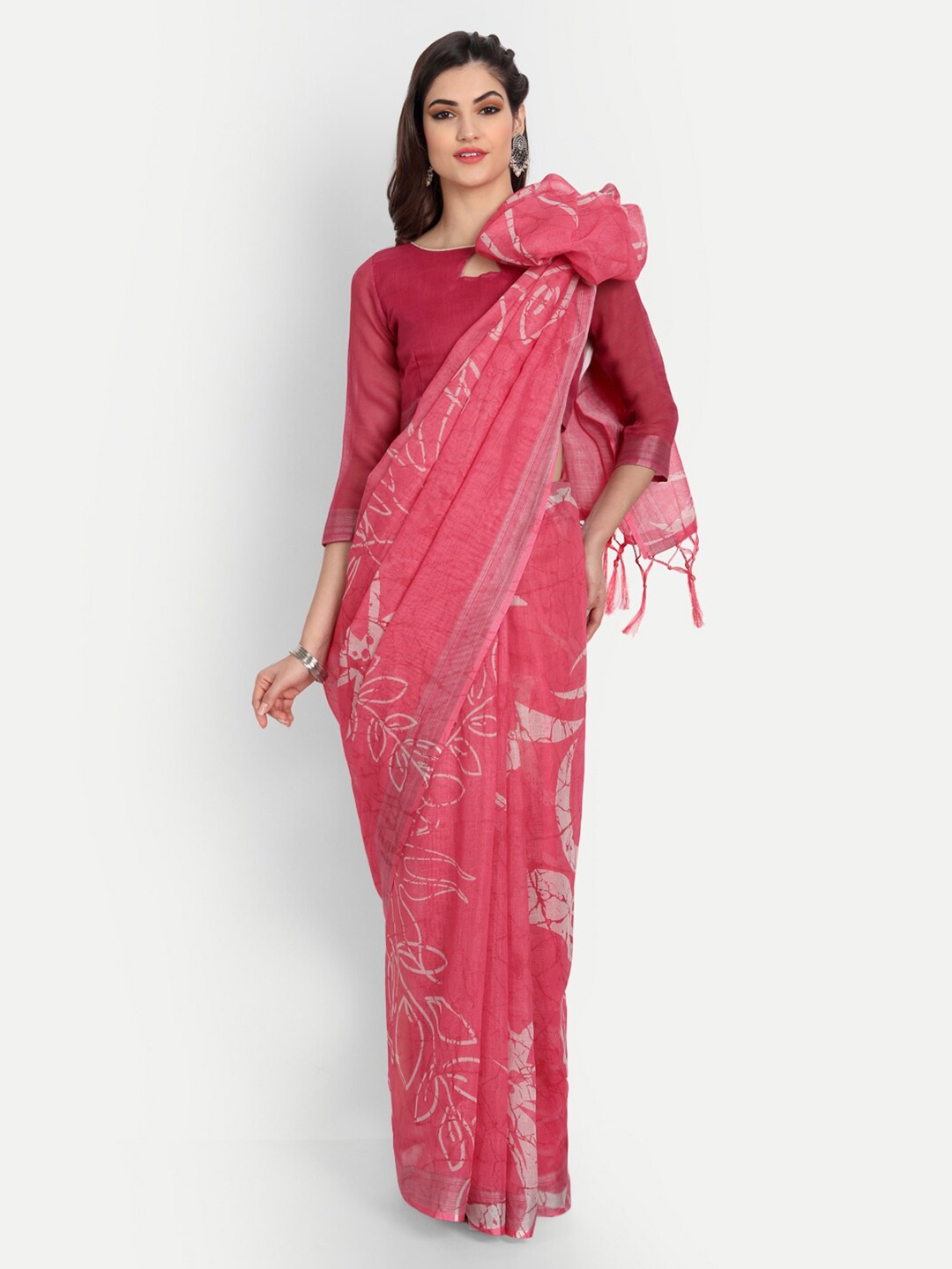 

MotiHamir Floral Printed Zari Pure Linen Saree, Pink