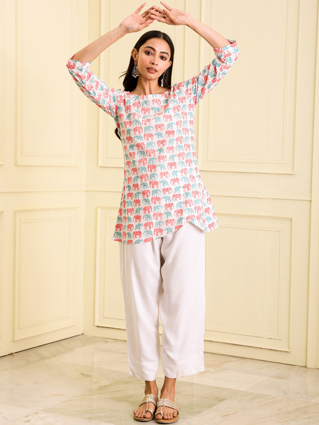 

BEATITUDE Ethnic Motifs Printed Curved Straight Organic Cotton Kurta, White