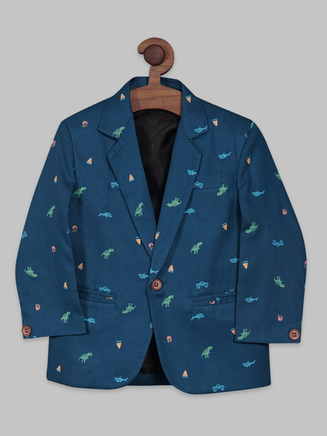 

RIKIDOOS Boys Printed Single-Breasted Cotton Blazer, Teal