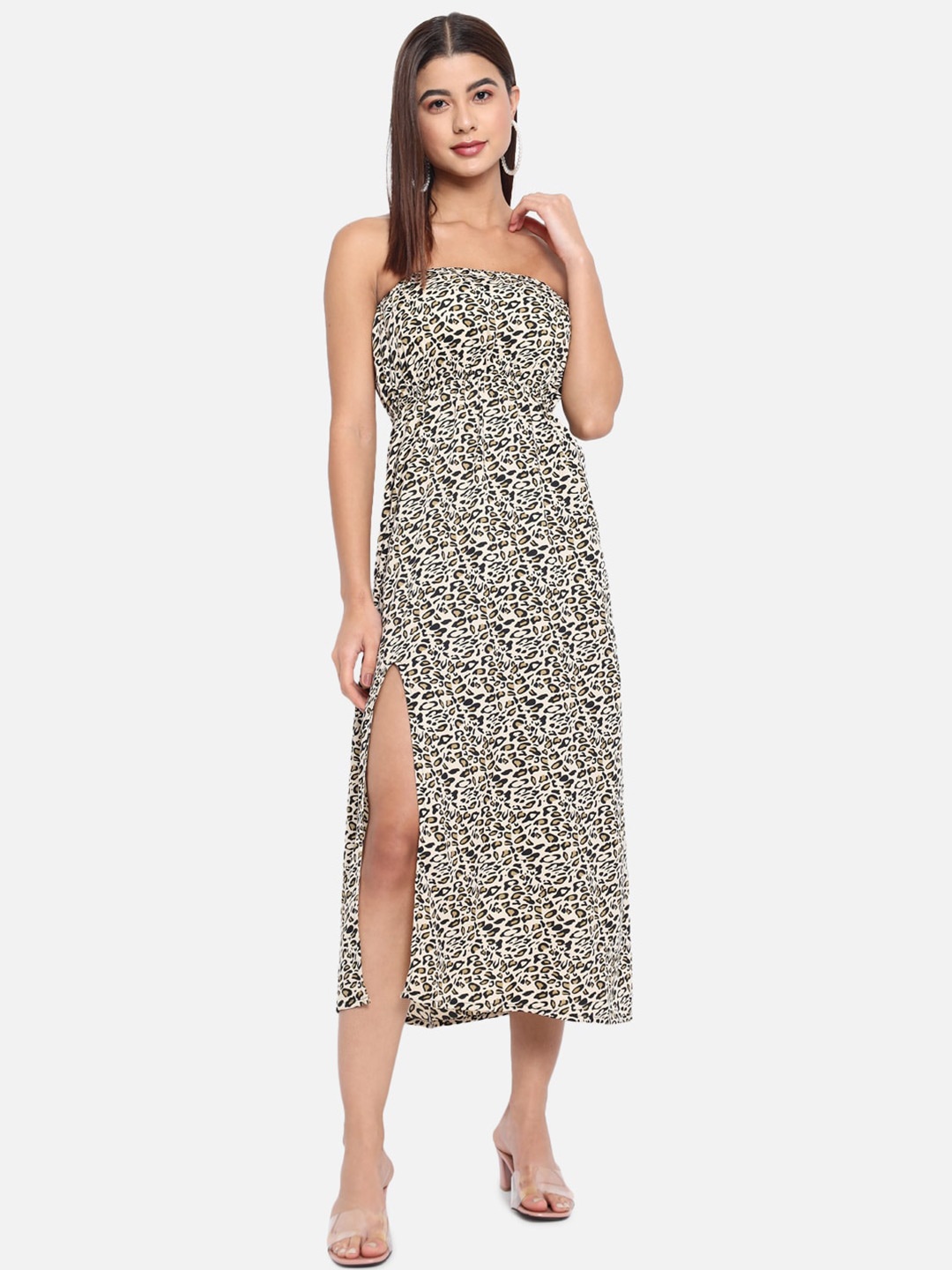 

ALL WAYS YOU Strapless Animal Printed Empire Midi Tube Dress, Cream