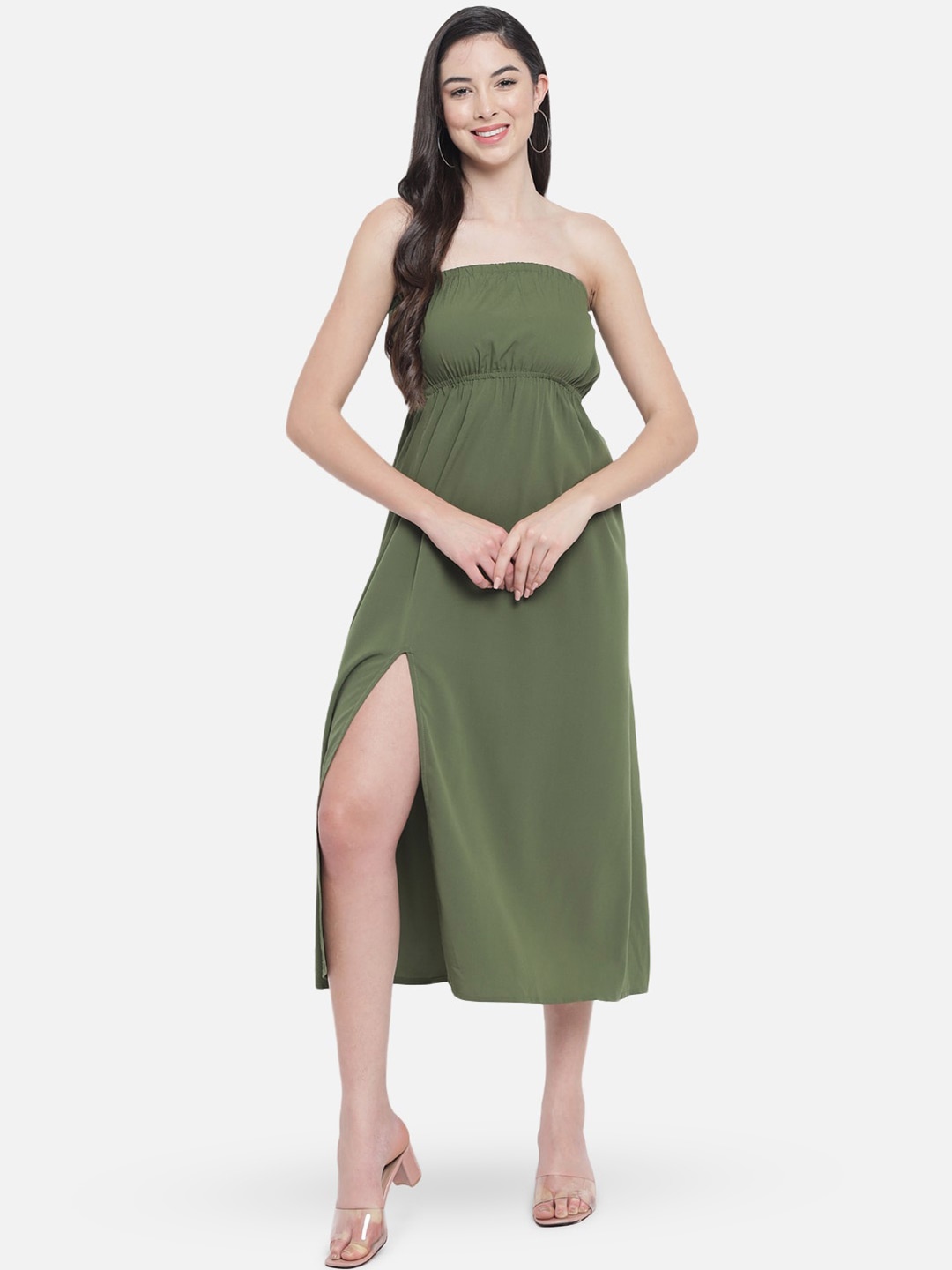 

ALL WAYS YOU Side Slit Gathered Empire Midi Dress, Green