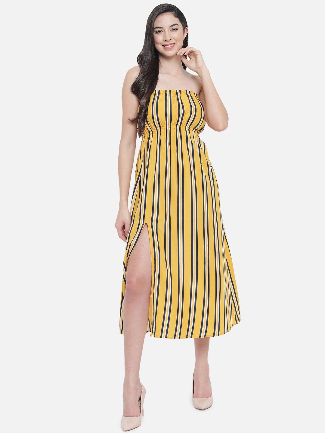 

ALL WAYS YOU Striped Strapless Fit & Flare Midi Dress, Yellow
