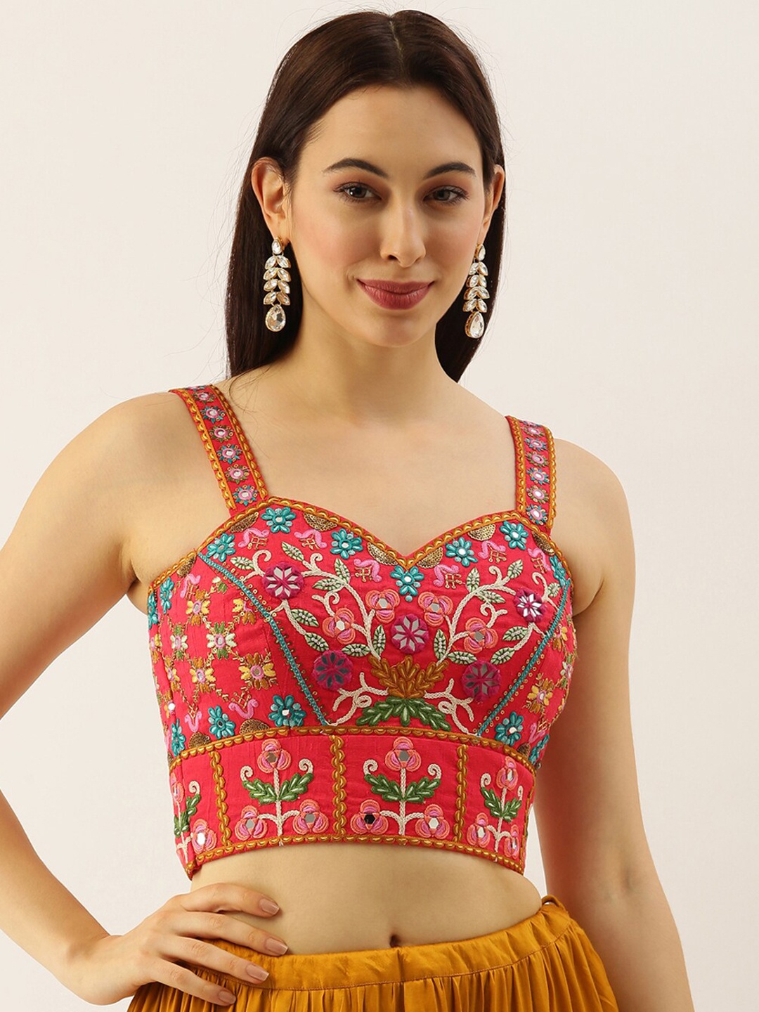 

panchhi Embroidered Sweetheart Neck Sleeveless Pure Art Silk Readymade Saree Blouse, Pink