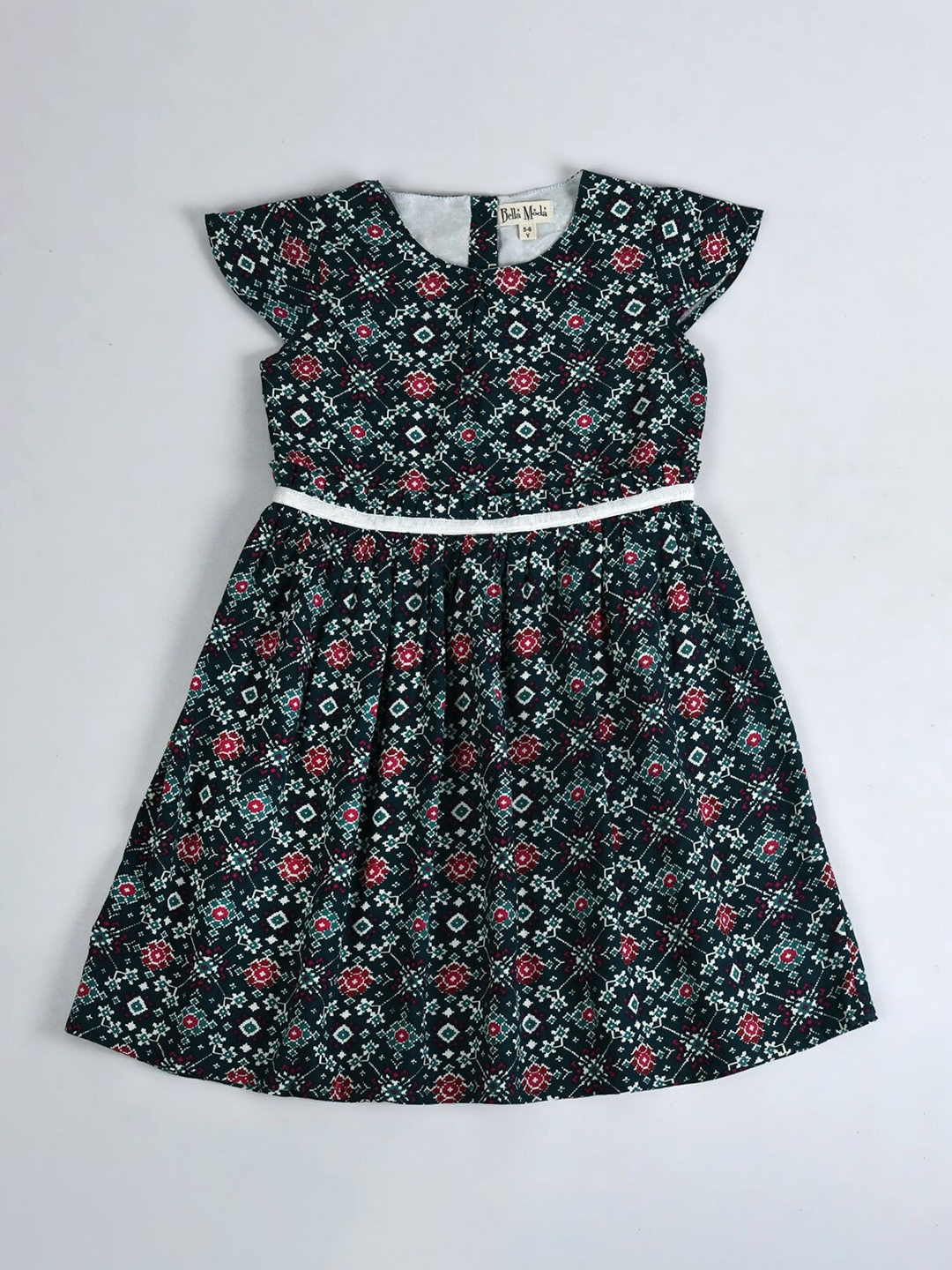 

Bella Moda Girls Geometric Printed Pure Cotton Fit & Flare Dress, Black