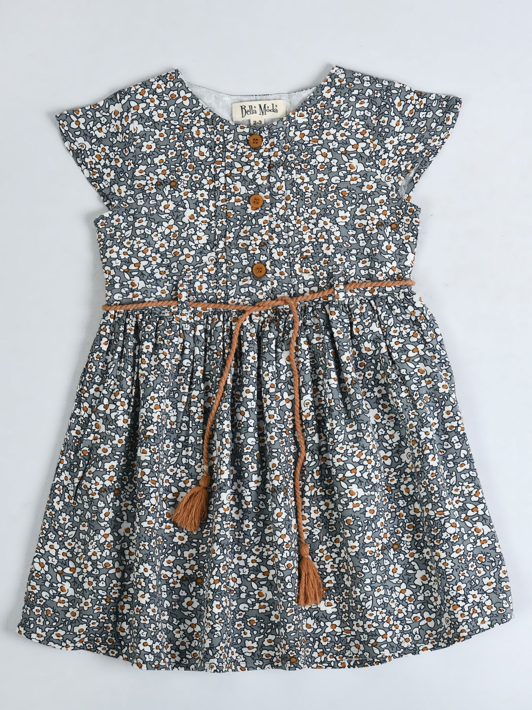 

Bella Moda Girls Floral Printed Pure Cotton Fit & Flare Dress, Grey
