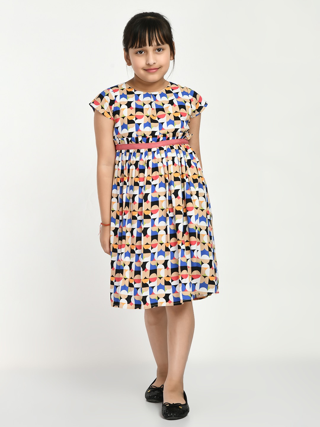 

Bella Moda Girls Geometric Printed Pure Cotton Fit & Flare Dress, Blue