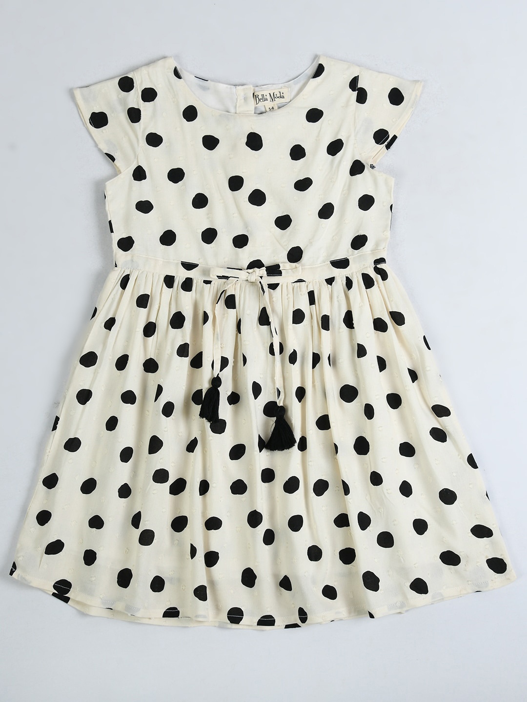 

Bella Moda Girls Polka Dots Printed Pure Cotton Fit & Flare Dress, Off white