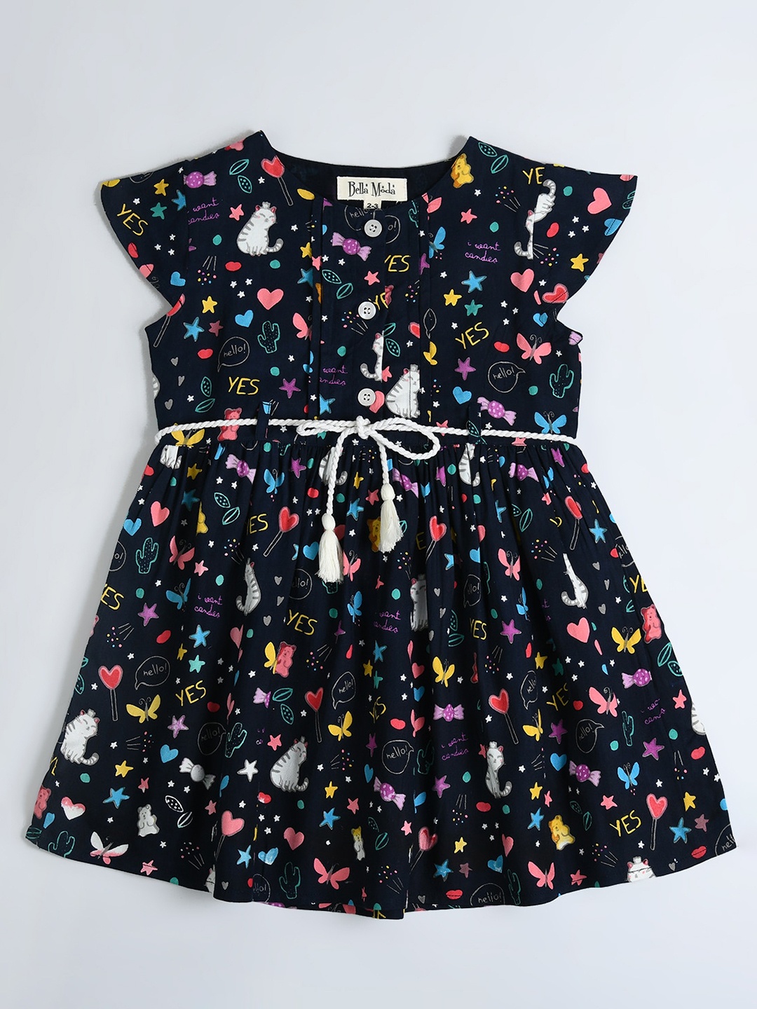 

Bella Moda Girls Conversation Printed Pure Cotton Fit & Flare Dress, Navy blue