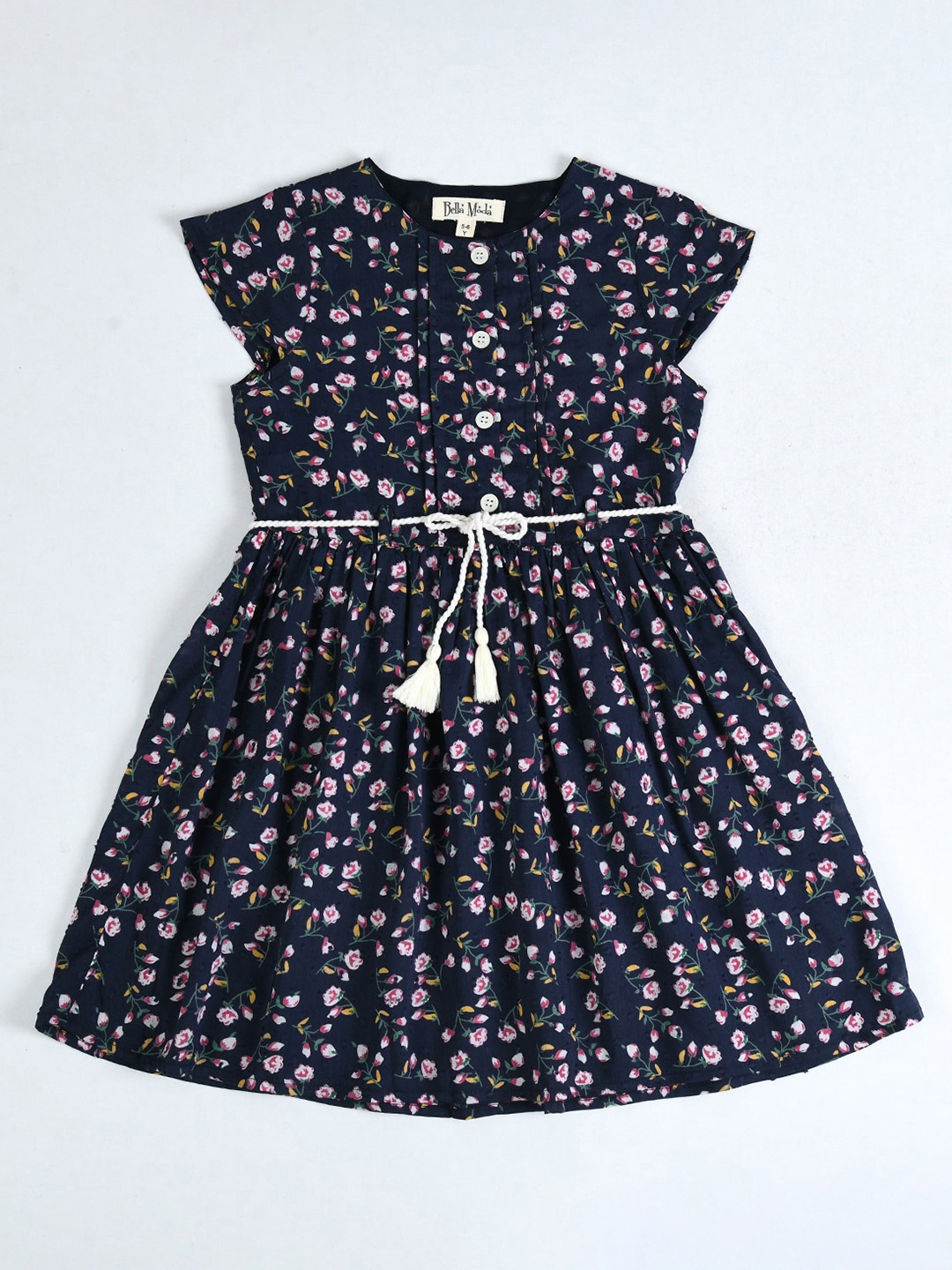 

Bella Moda Floral Printed Cap Sleeves Belted Pure Cotton Fit & Flare Dress, Navy blue