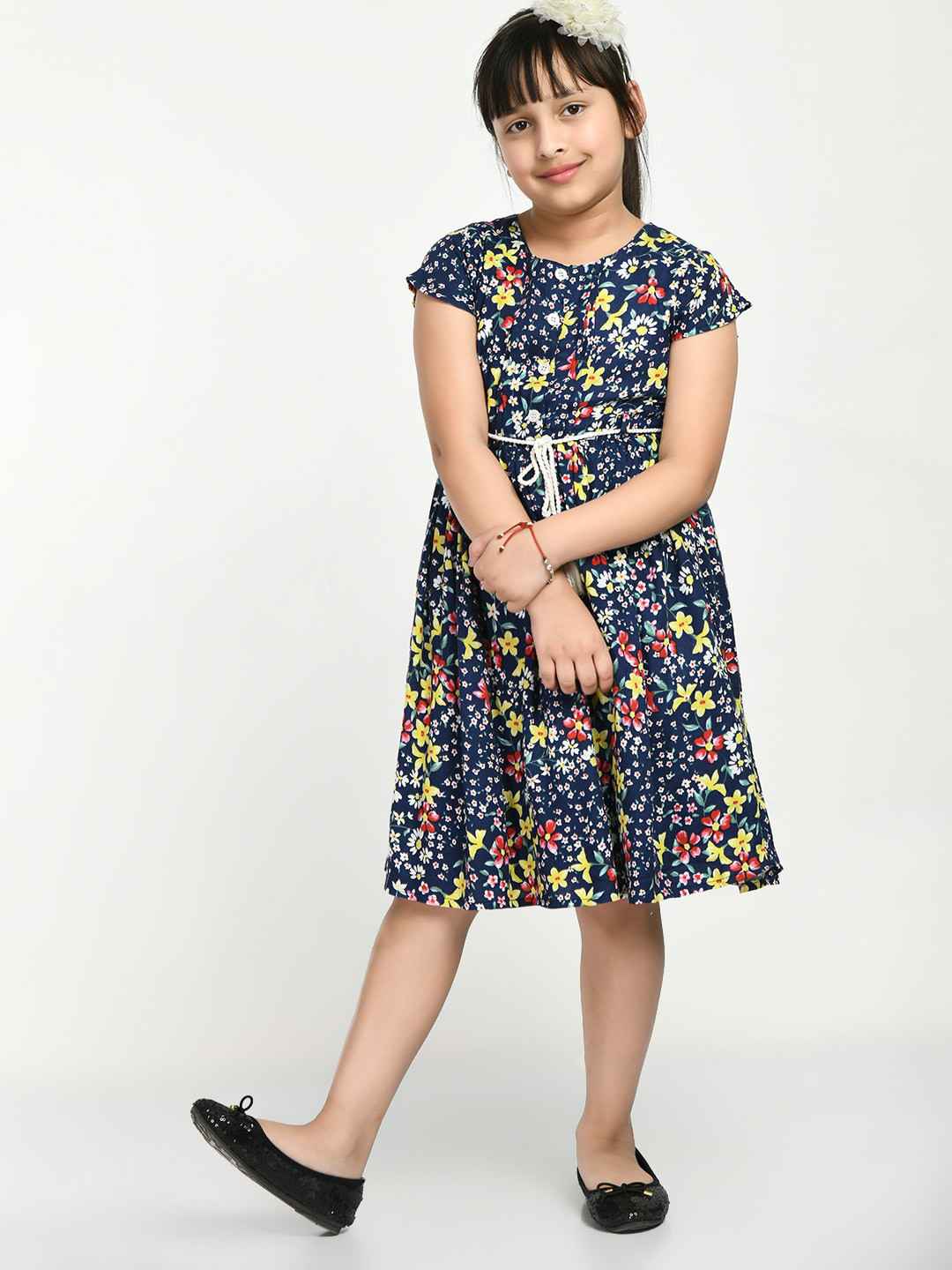 

Bella Moda Girls Floral Printed Pure Cotton Fit & Flare Dress, Navy blue