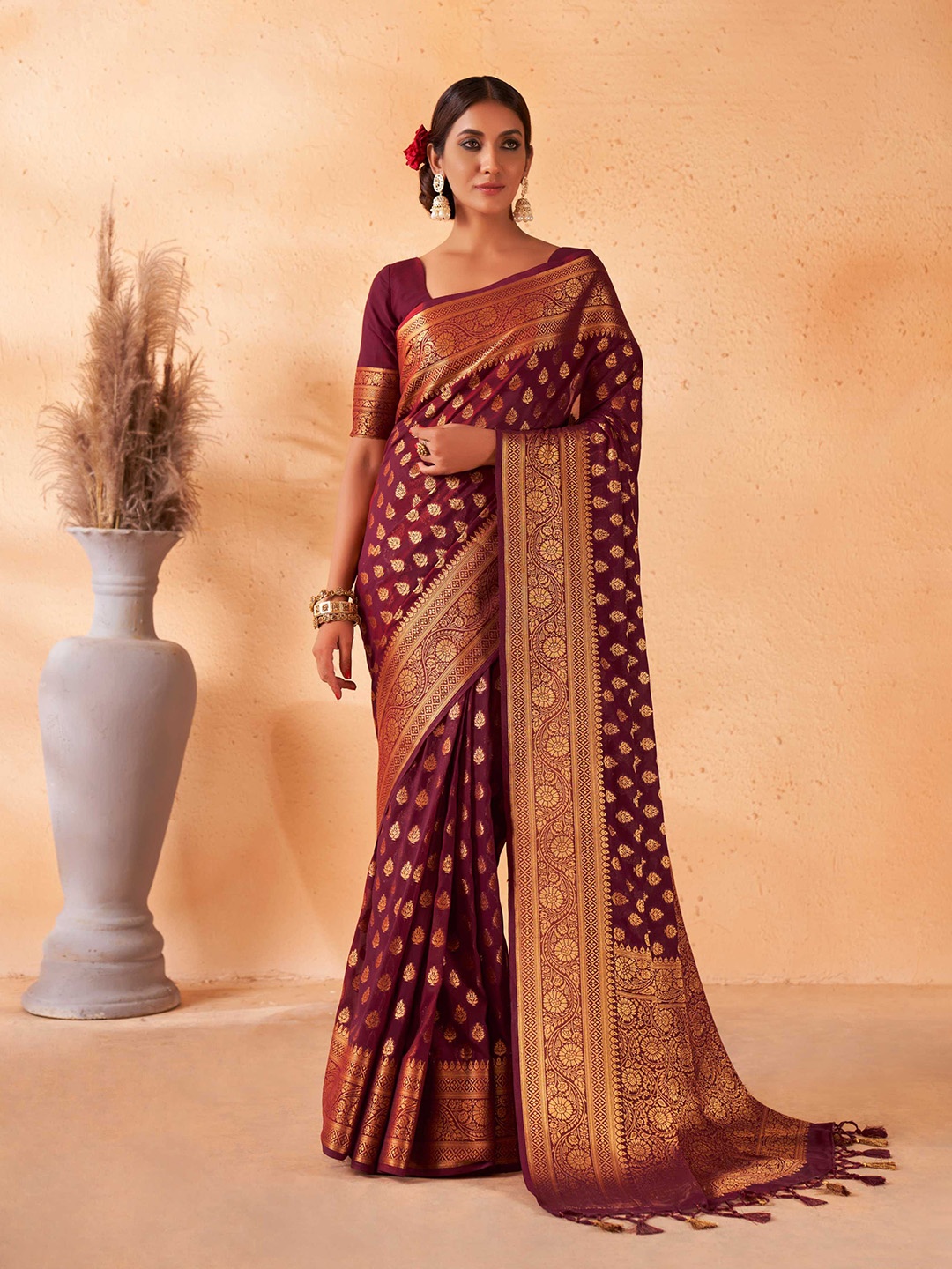 

Vardha Ethnic Motifs Woven Design Zari Poly Georgette Banarasi Saree, Maroon