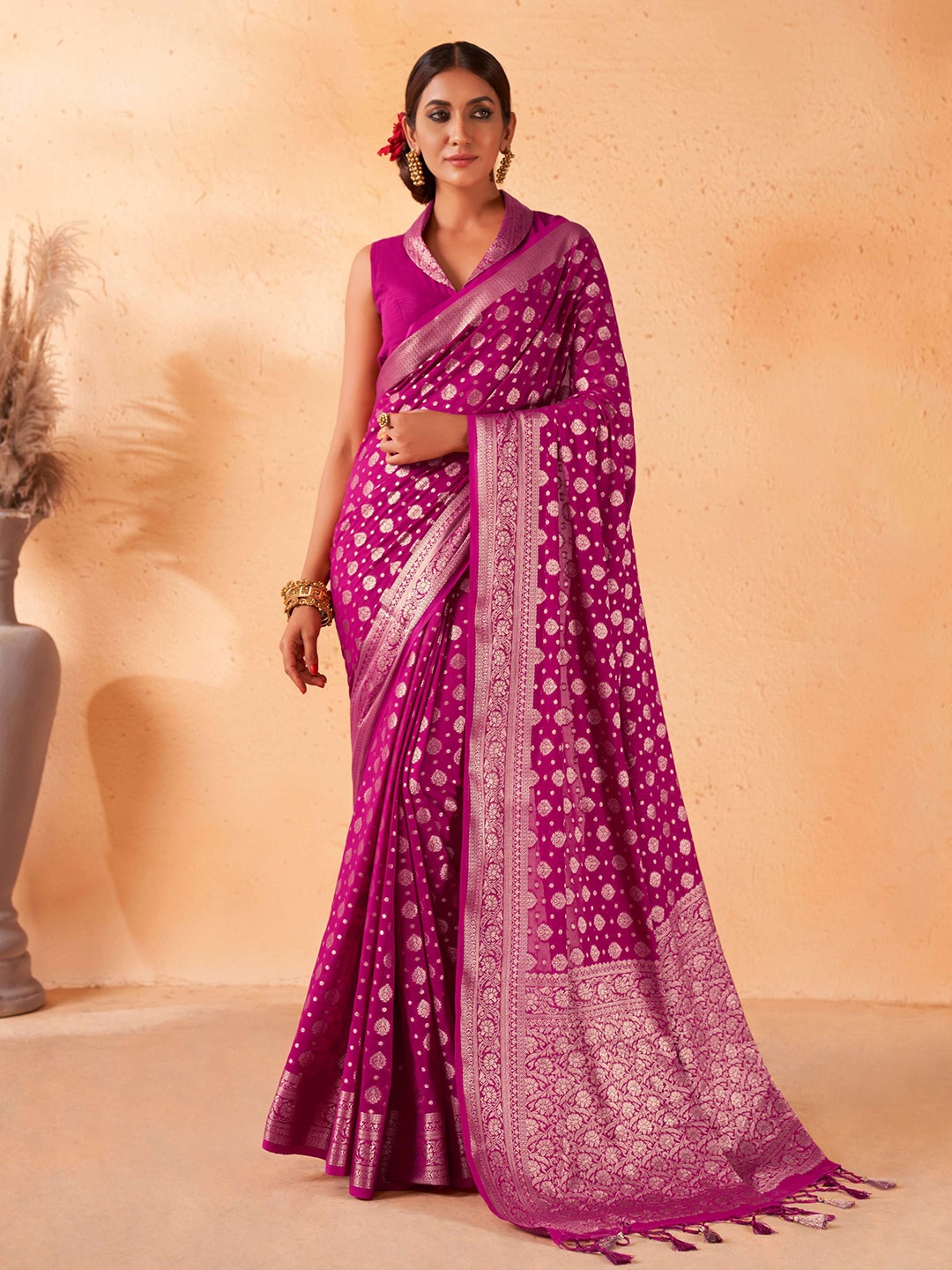 

Vardha Ethnic Motifs Woven Design Zari Poly Georgette Banarasi Saree, Pink