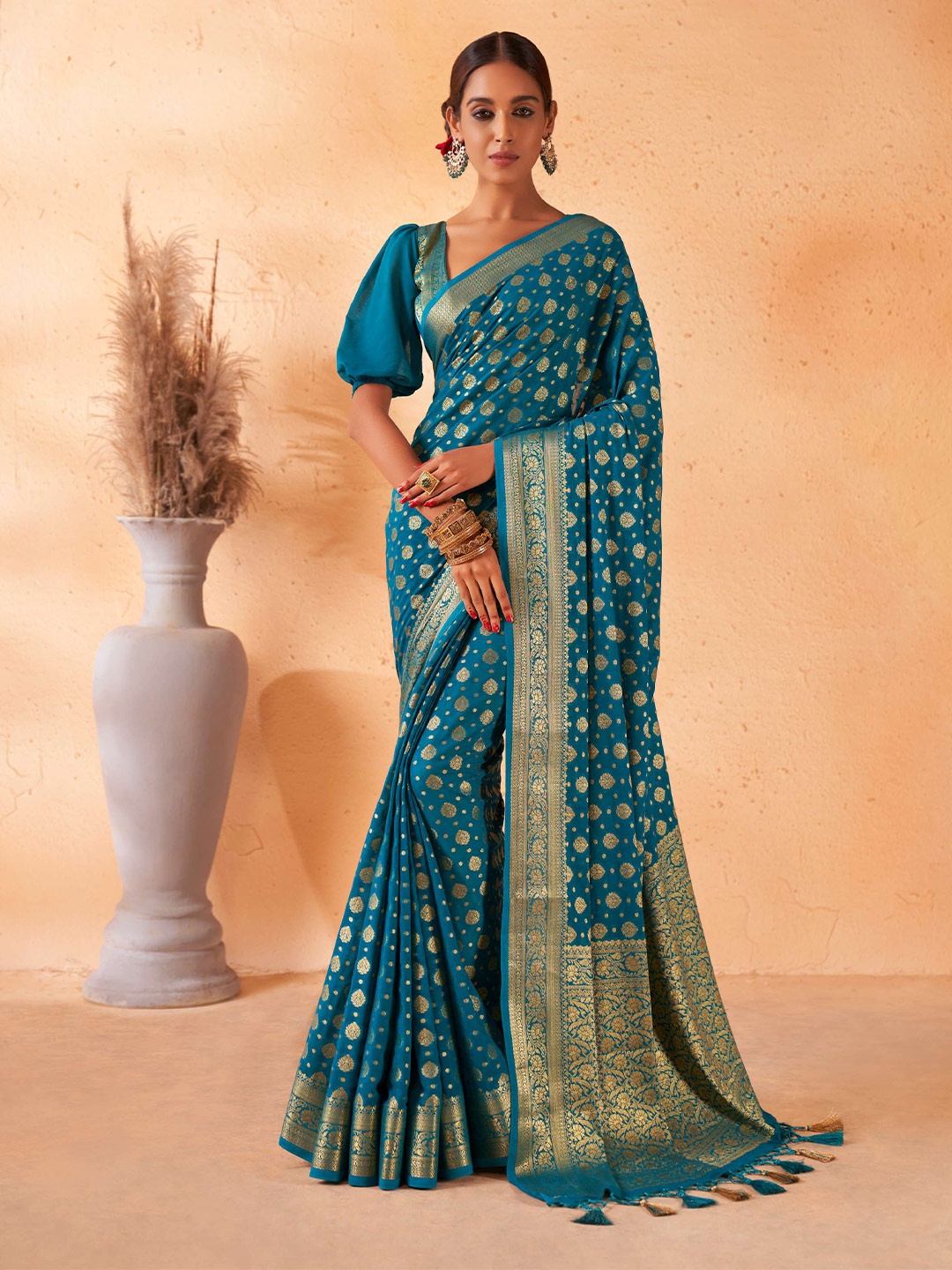 

Vardha Ethnic Motifs Woven Design Zari Poly Georgette Banarasi Saree, Teal