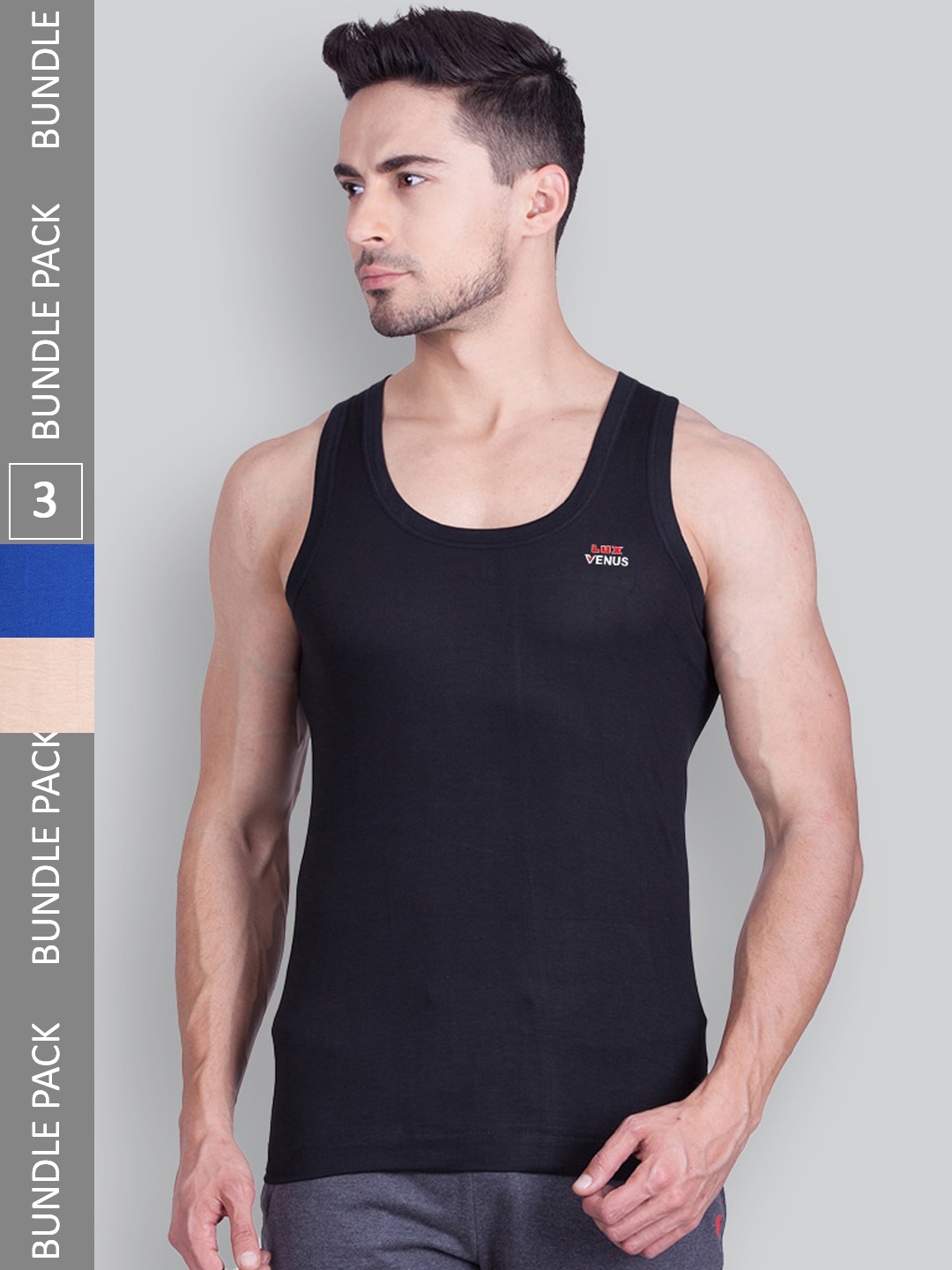 

LUX VENUS Men Pack Of 3 Assorted Pure Cotton Basic Innerwear Vests-VENUS_COL_AST_RN_80_3PC
