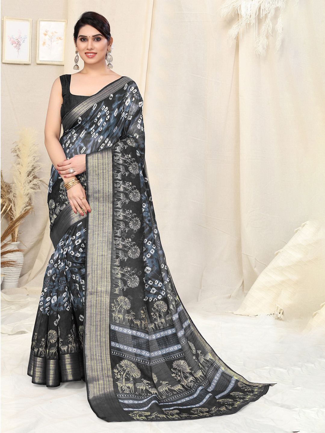

KALINI Bandhani Printed Zari Saree, Grey