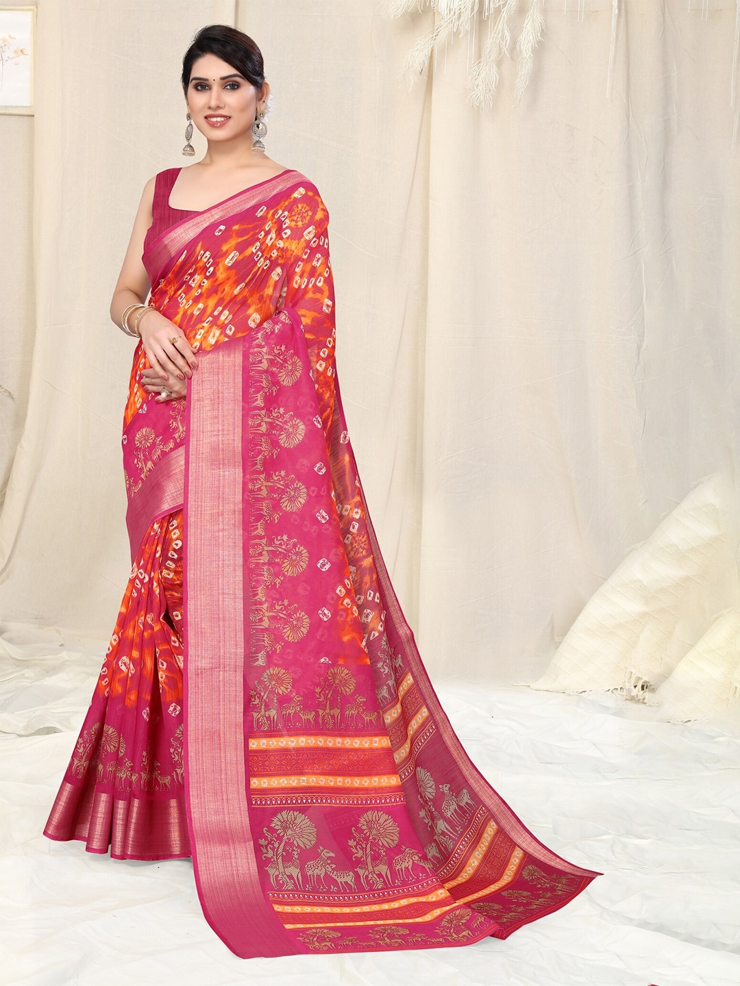 

KALINI Bandhani Printed Zari Saree, Orange