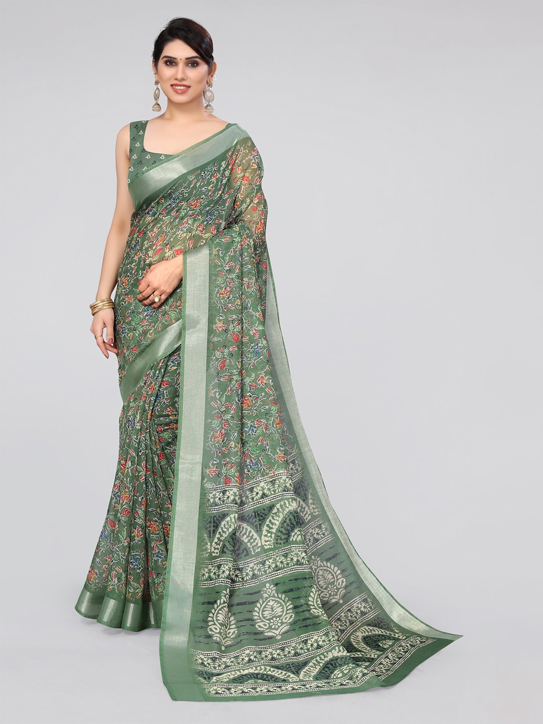 

KALINI Floral Motifs Zari Saree, Green