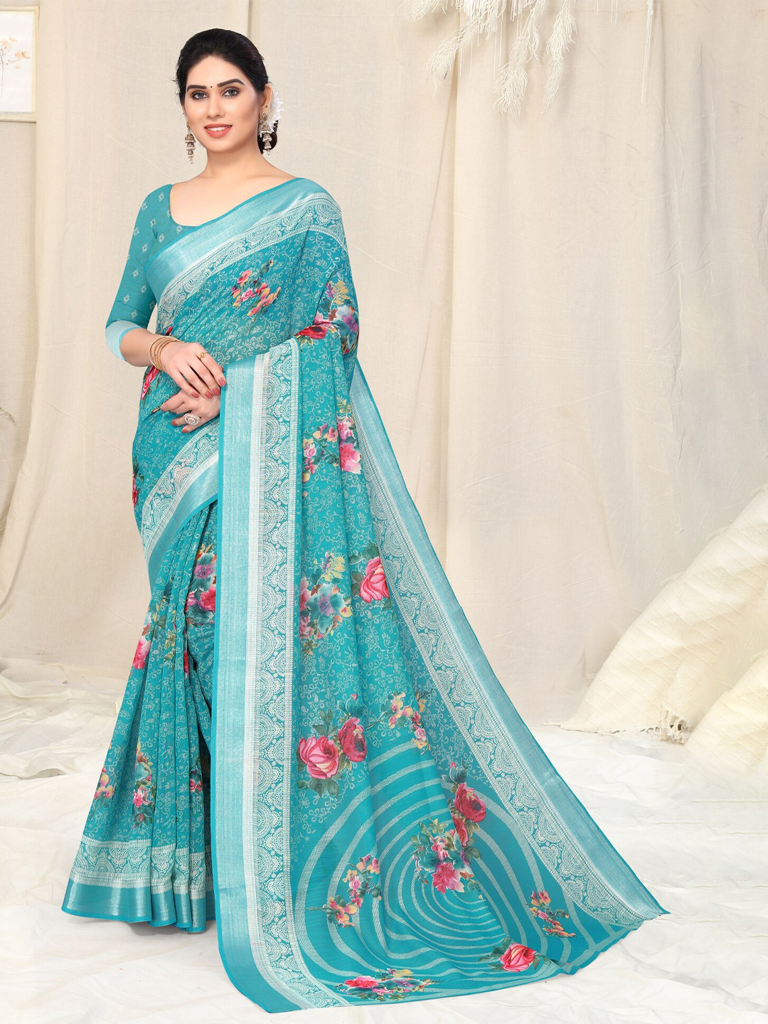 

KALINI Floral Printed Zari Saree, Turquoise blue