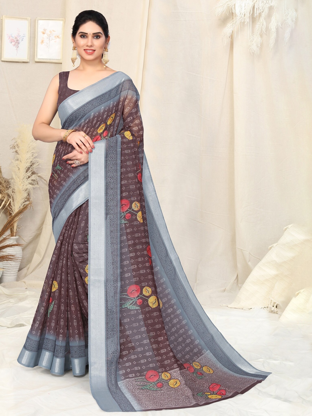 

KALINI Floral Printed Zari Saree, Brown