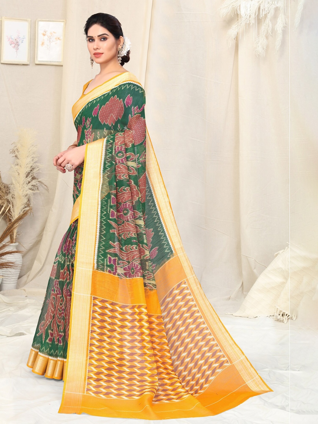 

KALINI Ethnic Motifs Printed Zari Saree, Green