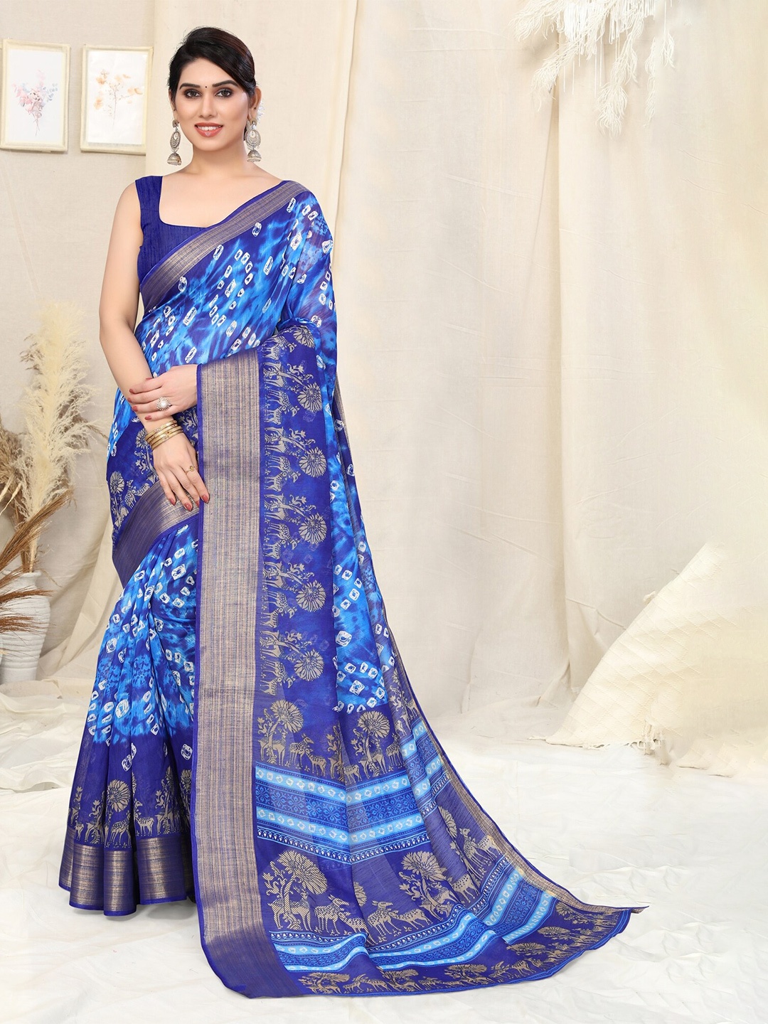 

KALINI Bandhani Printed Zari Saree, Blue