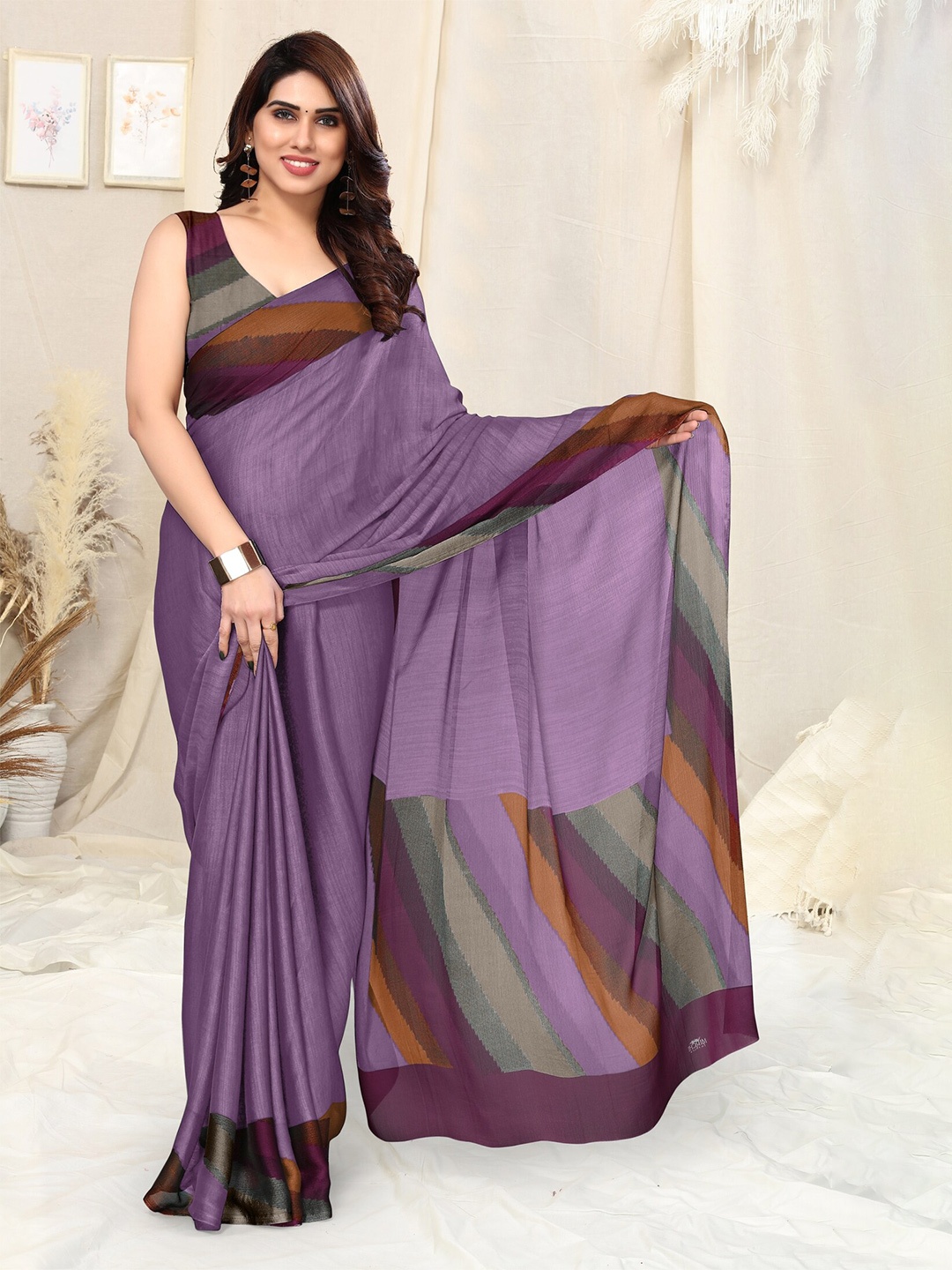 

KALINI Striped Poly Chiffon Saree, Violet