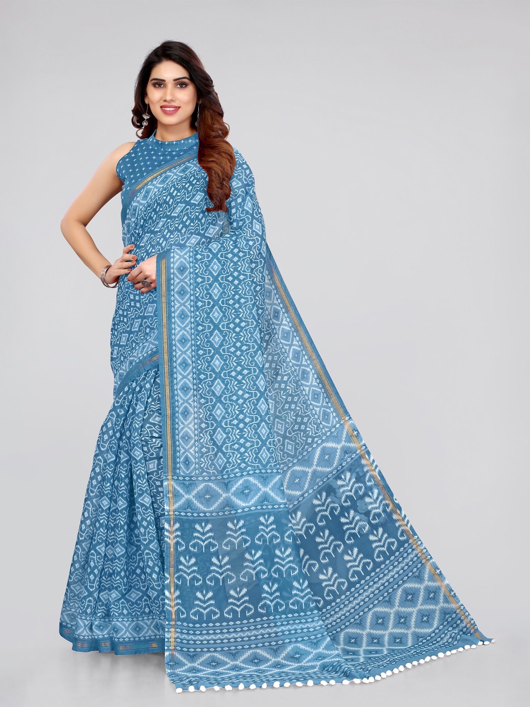 

KALINI Ethnic Motifs Printed Zari Ikat Saree, Blue