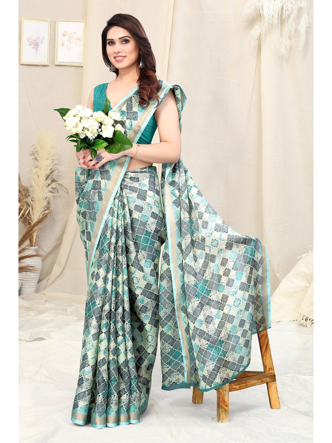 

KALINI Geometric Printed Zari Cotton Blend Saree, Turquoise blue