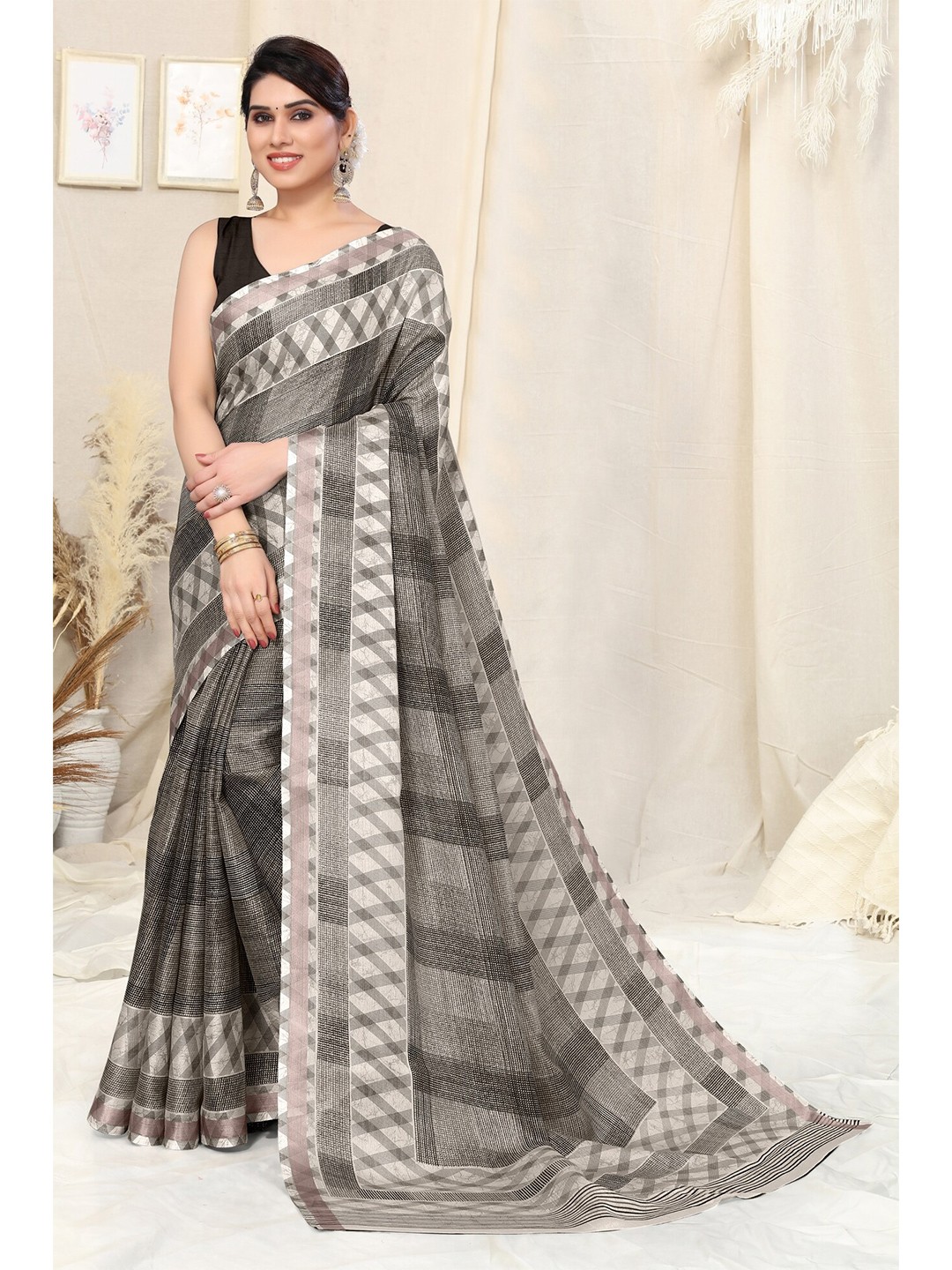 

KALINI Checks Saree With Blouse Piece, Beige