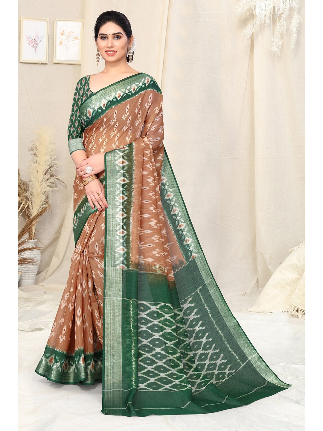 

KALINI Floral Print Zari Cotton Blend Ikat Saree, Brown