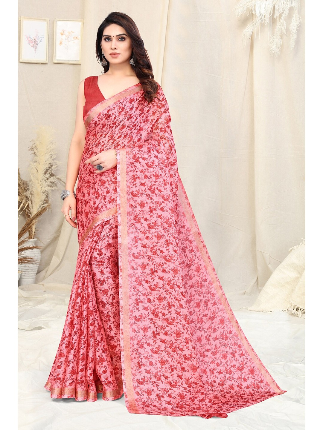 

KALINI Floral Printed Zari Saree With Blouse Piece, Pink