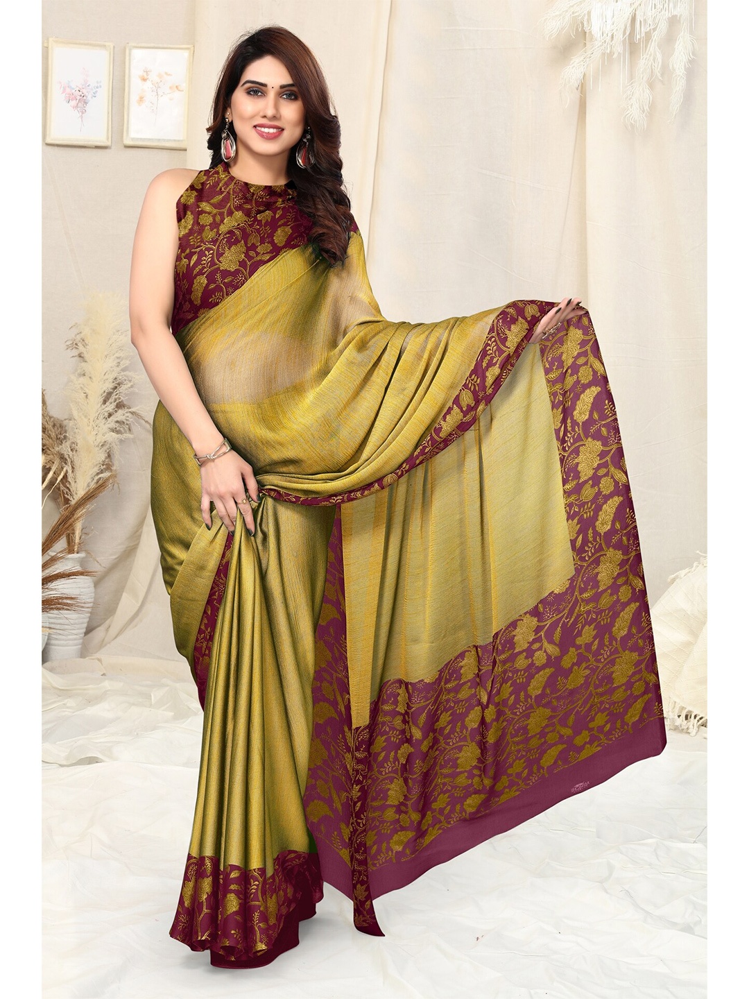 

KALINI Floral Printed Border Poly Chiffon Saree, Mustard