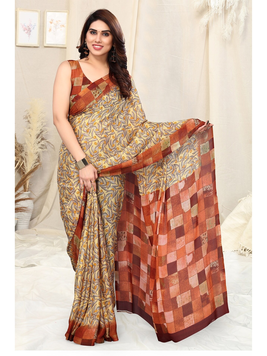 

KALINI Floral Printed Poly Chiffon Saree, Yellow