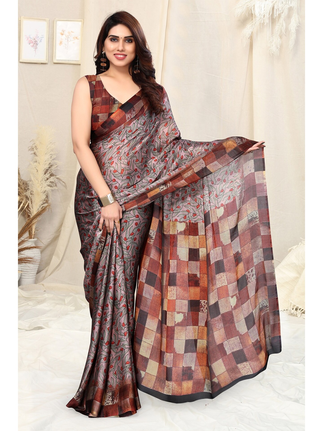 

KALINI Floral Printed Poly Chiffon Saree, Pink