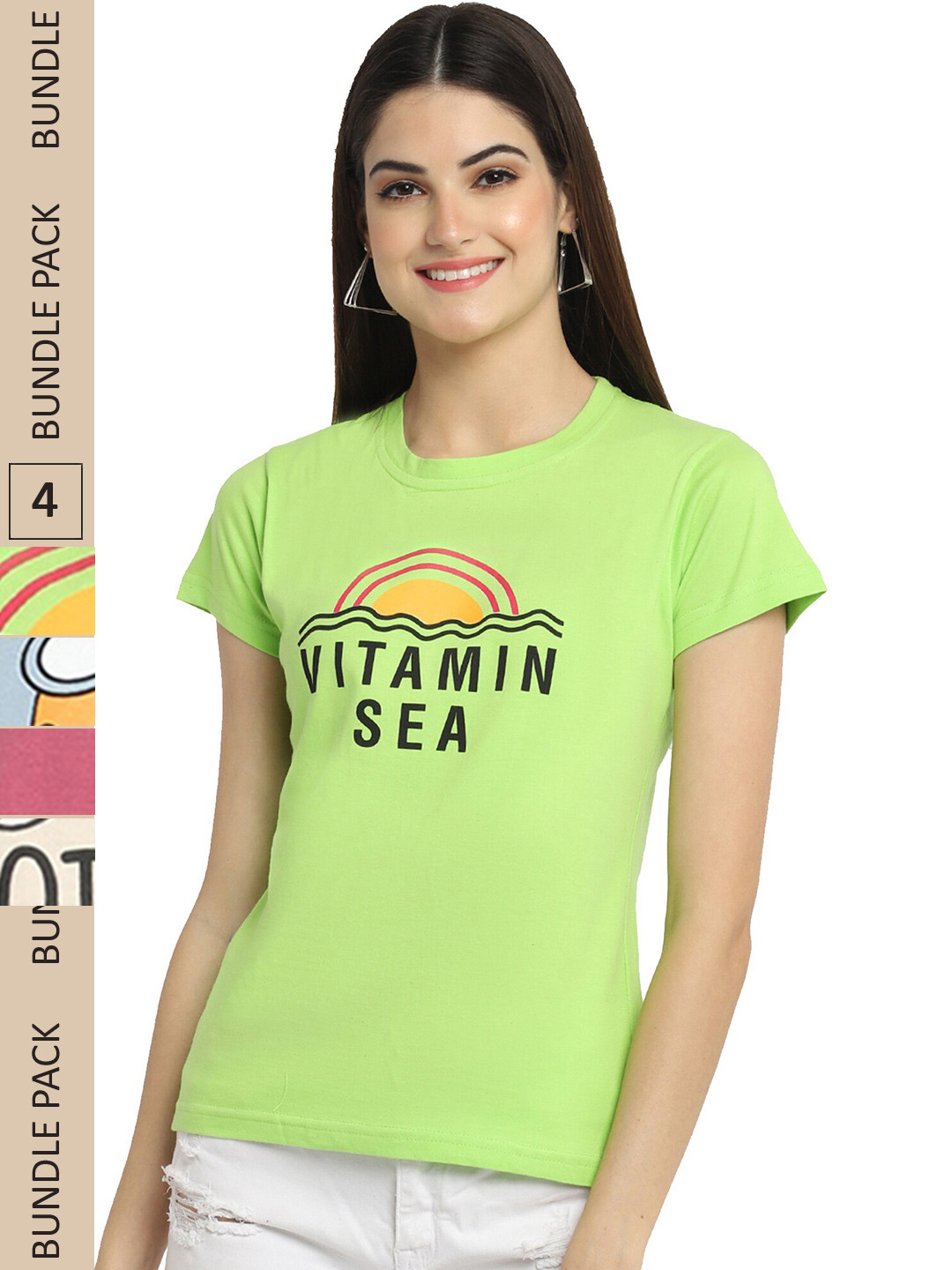 

Fabflee Pack of 4 Graphic Printed Round Neck Cotton T-shirt, Green