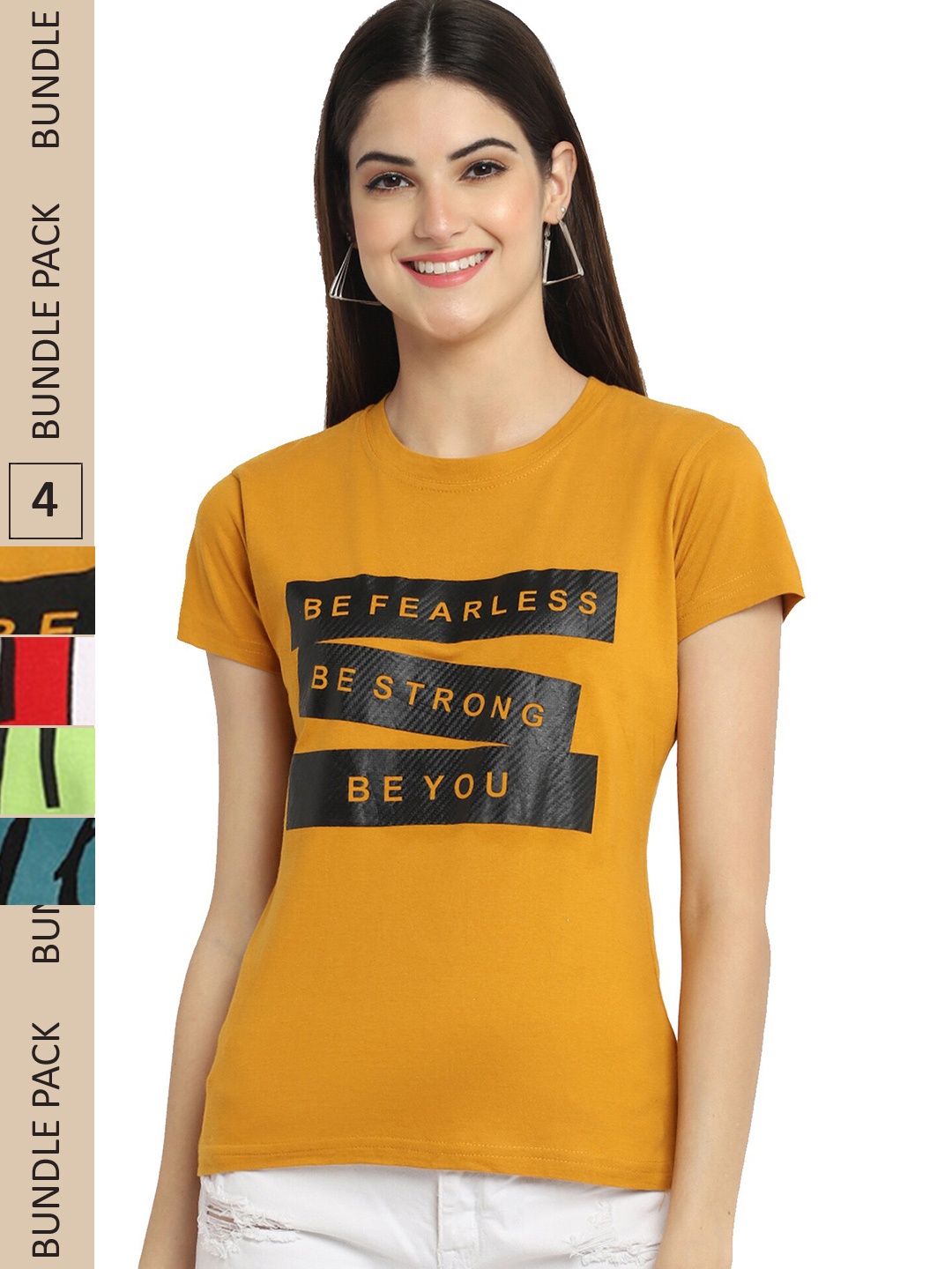 

Fabflee Pack Of 4 Typography Printed Cotton T-shirt, Mustard