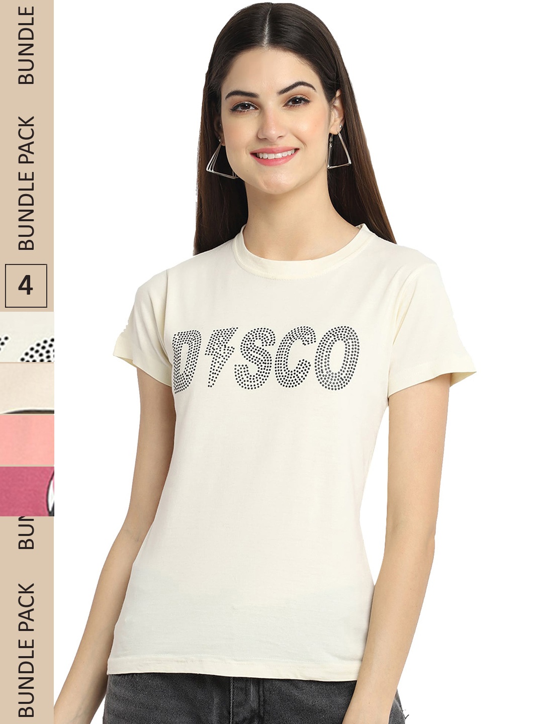 Fabflee Pack Of 4 Graphic Printed Cotton T-shirts, Off white