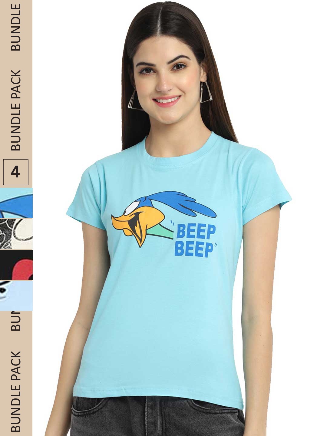 

Fabflee Pack Of 4 Road Runner Printed Cotton T-shirt, Blue