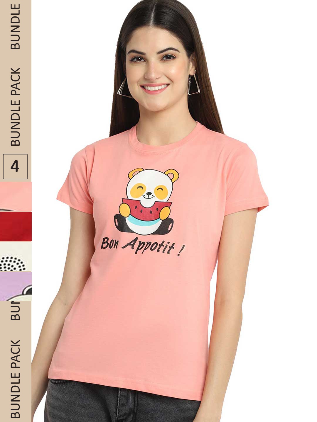 

Fabflee Pack Of 4 Graphic Printed Cotton T-shirt, Peach