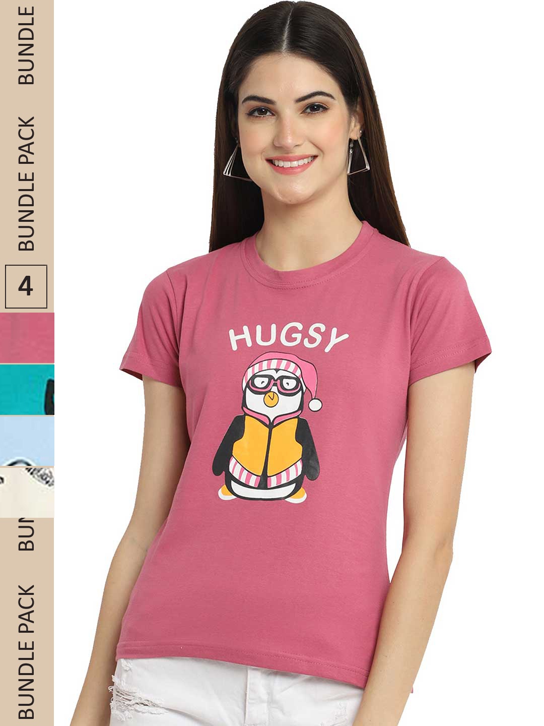 

Fabflee Pack Of 4 Printed Cotton T-shirt, Pink