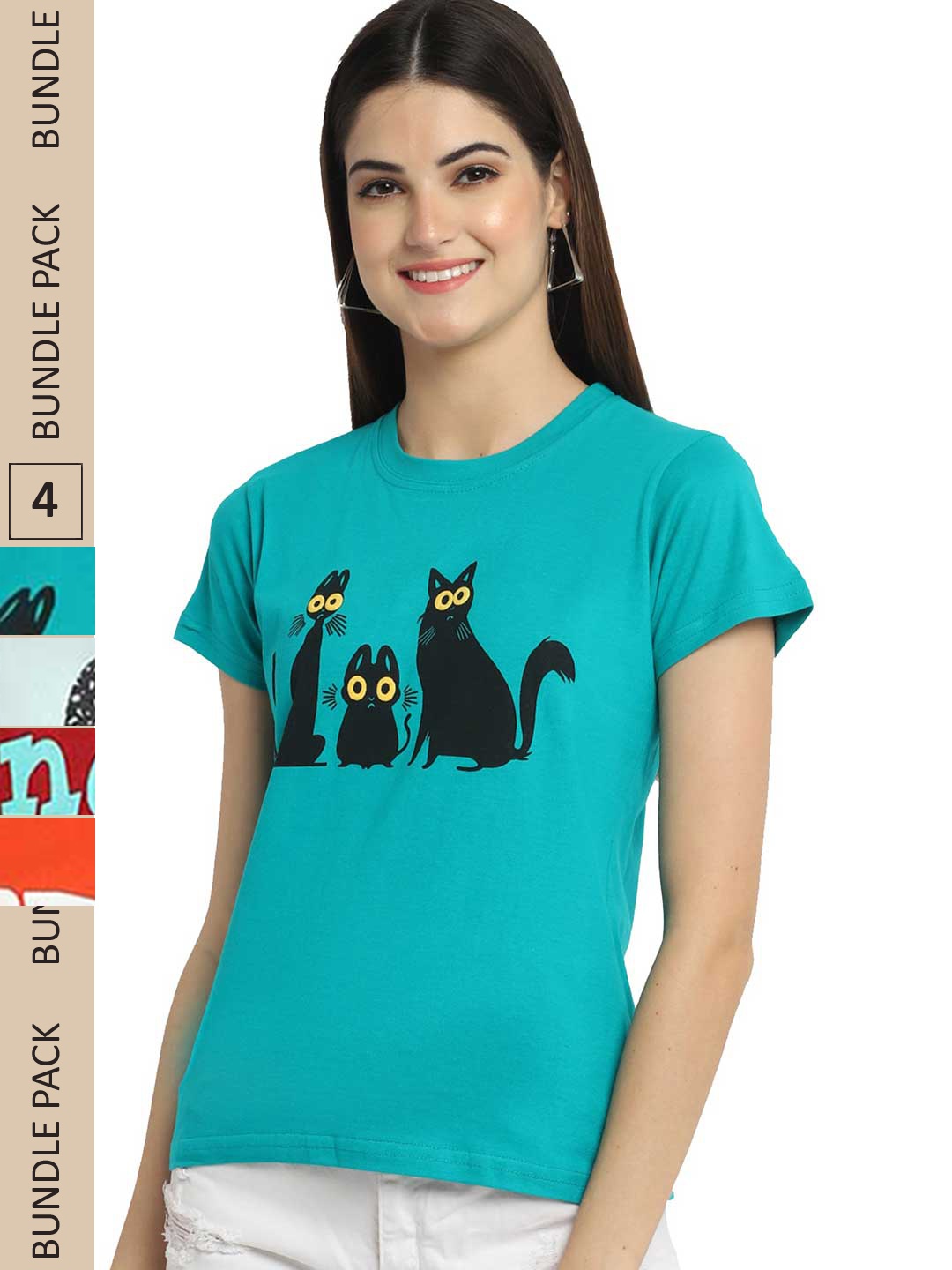 

Fabflee Pack Of 4 Printed Cotton T-shirt, Turquoise blue