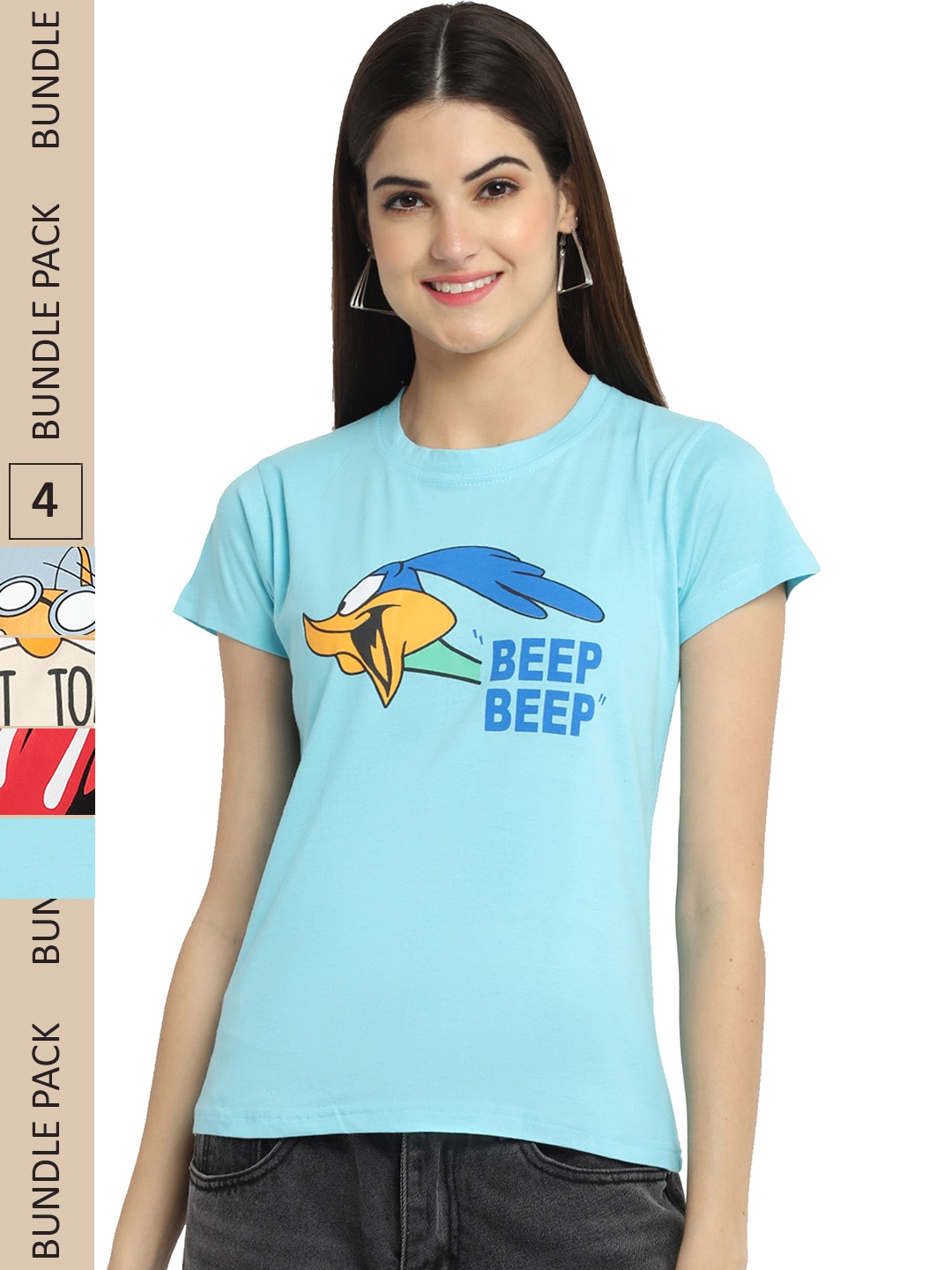 

Fabflee Pack Of 4 Typography Printed Cotton T-shirt, Blue