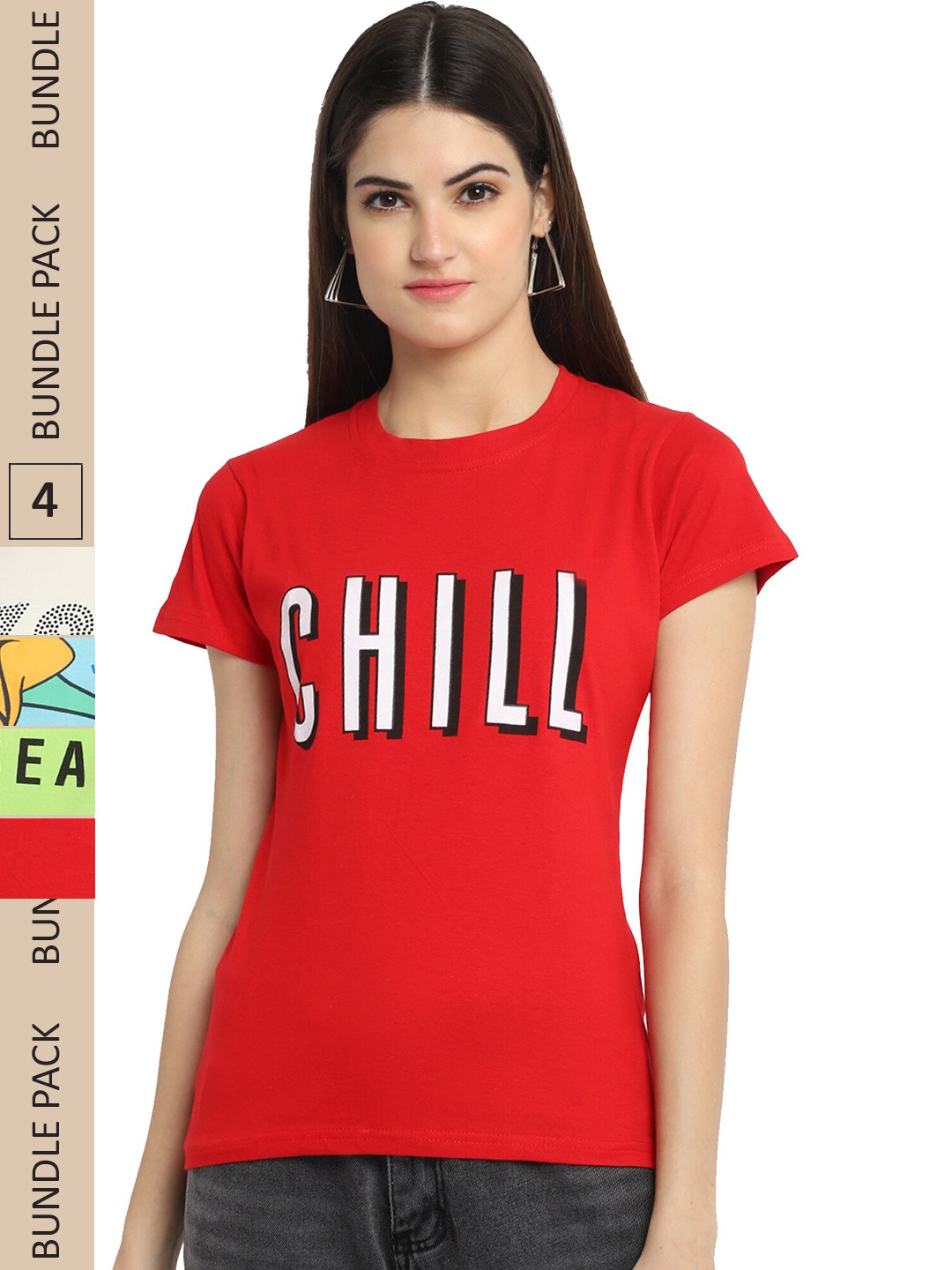 

Fabflee Pack of 4 Typography Printed Round Neck Cotton T-shirt, Red