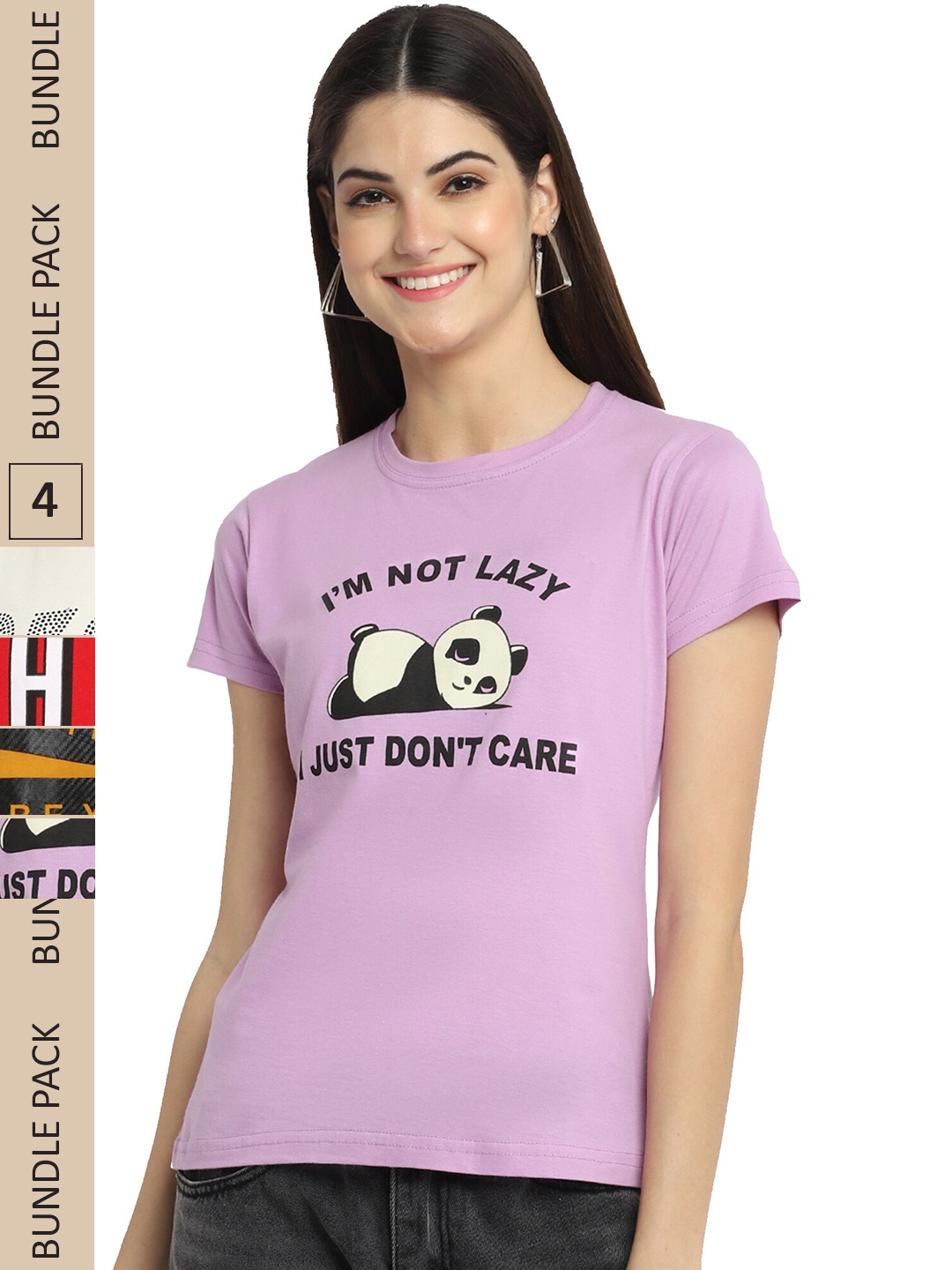 Fabflee Pack Of 4 Typography Printed Cotton T-shirts, Lavender