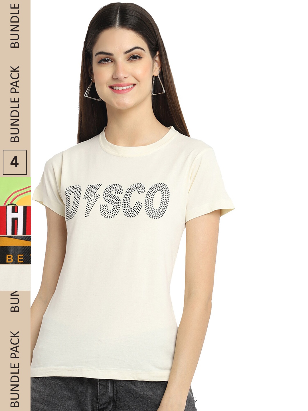

Fabflee Pack Of 4 Typography Printed Cotton T-shirt, Cream